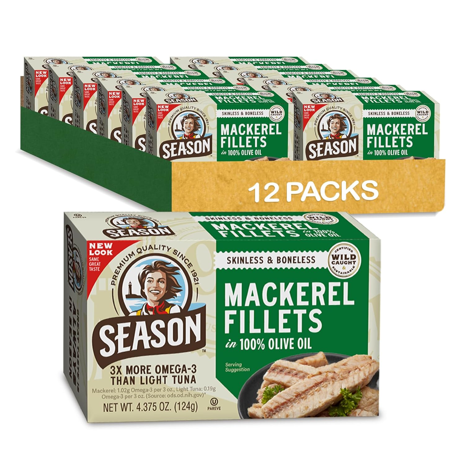 Season Skinless Boneless Mackerel in Olive Oil - Wild Caught Keto Snacks, 20g Protein, Low Mercury, Non-GMO Kosher 4.37oz 12-Pack