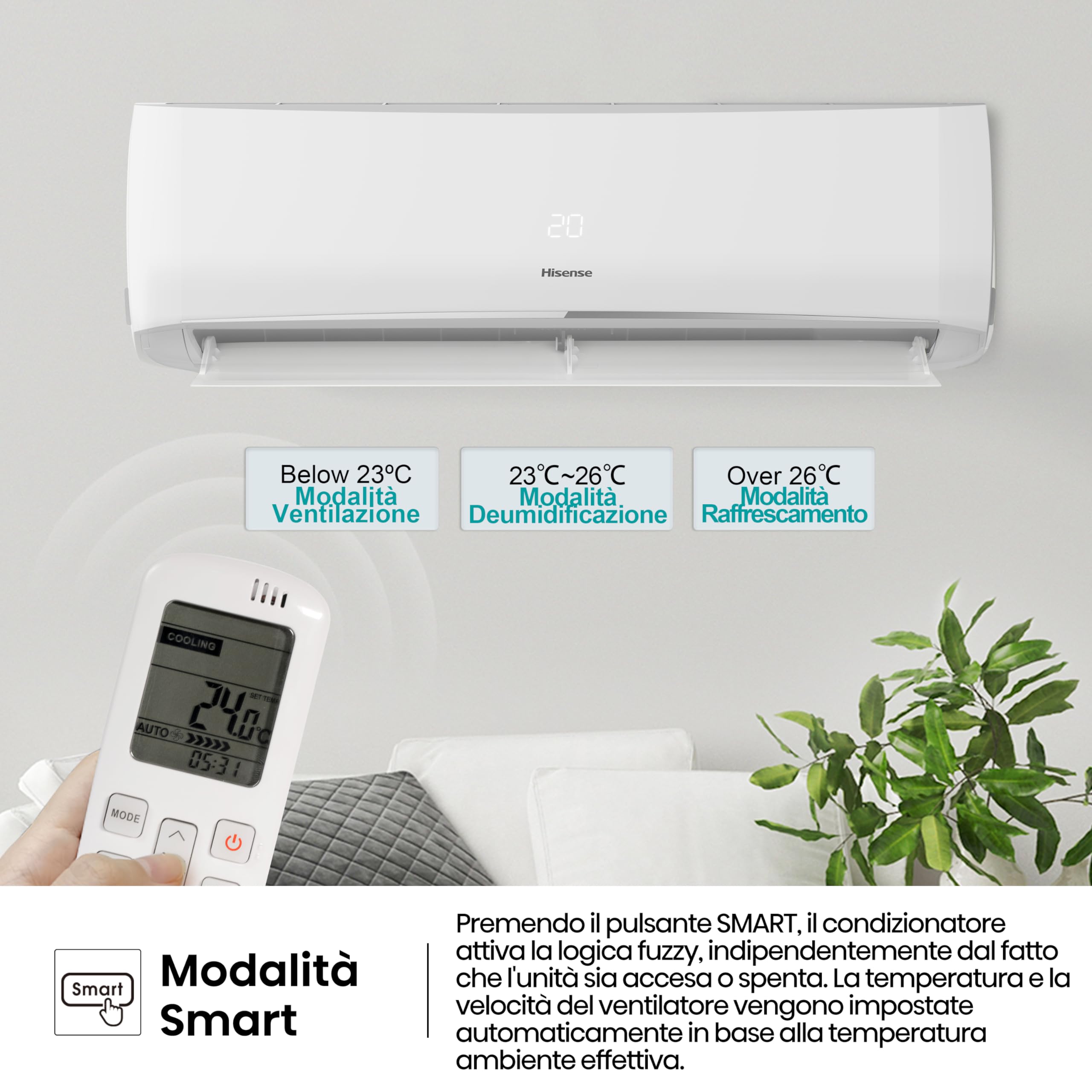 Hisense,Climatizzatore fisso Halo CBYR0906G,Monosplit 9000BTU,Raffrescamento e Riscaldamento(2.6Kw/2.7Kw),Timer 24h, Telecomando[Classe energetica A++/A+], Solo Unità Interna, No Unità Esterna