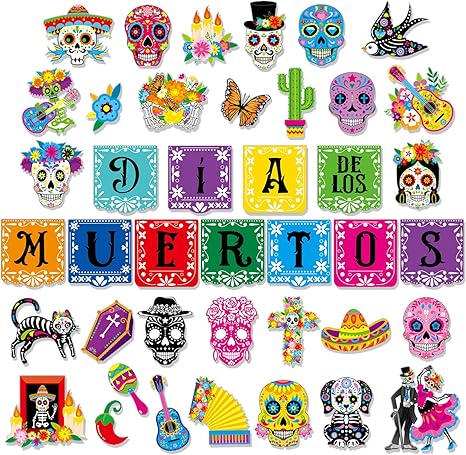 HOWAF 41pcs Dia De Los Muertos Bulletin Board Set Day of The Dead Sugar Skull Cutouts for Day of The Dead Party Classroom Chalkboard Wall Decor,Dia De Los Muertos Skeleton Couple Cat Marigold Cutouts