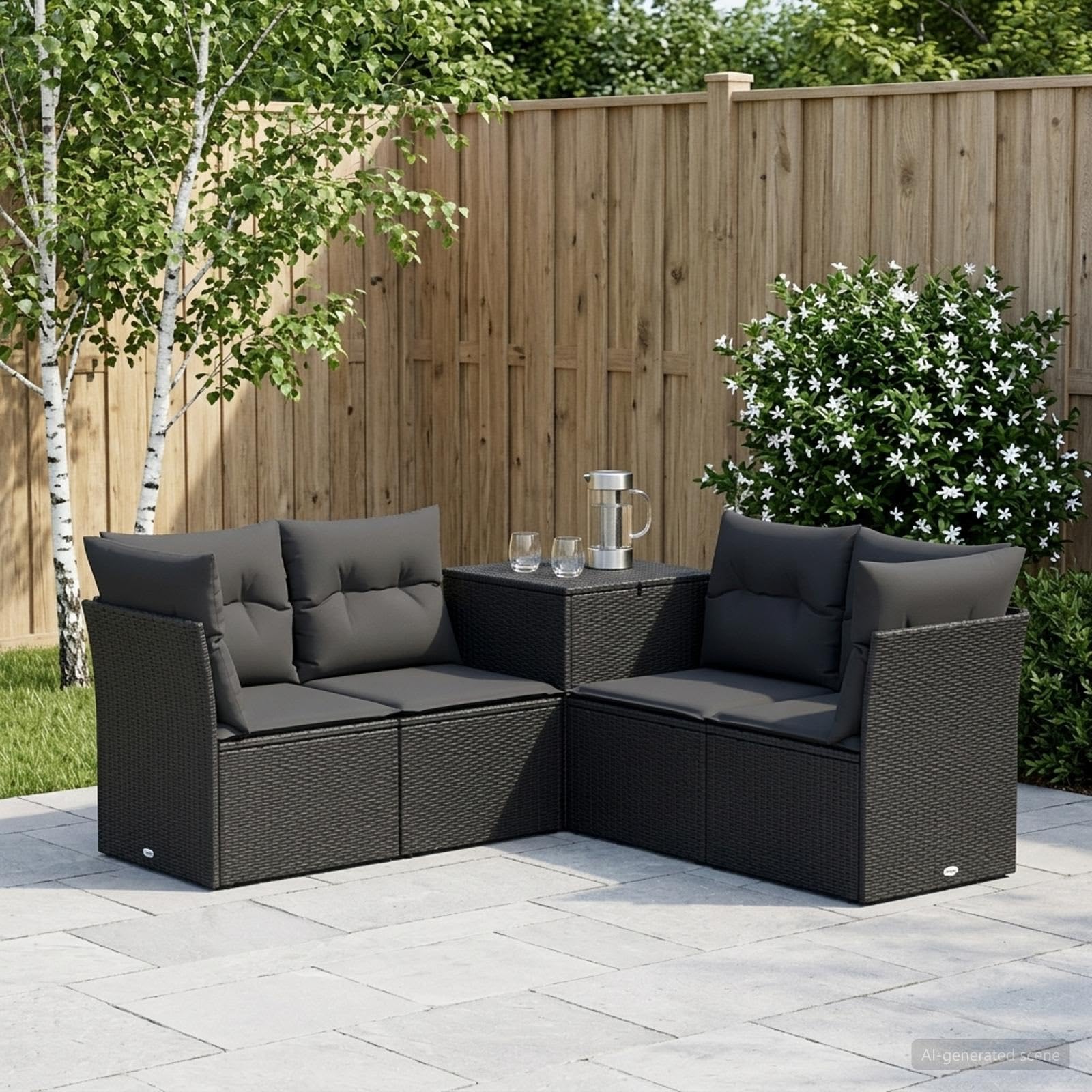 Set Divani 5 Pezzi Nero Polirattan e Acciaio con Box Portaoggetti