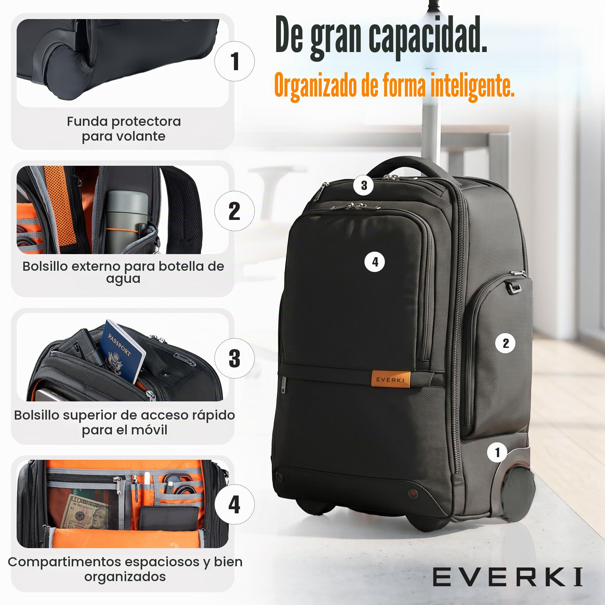 Everki Wheeled 123 mochila para portátil con ruedas – para portátil 15,6" y MacBook 16", equipaje de mano con ruedas reemplazables, bolsa de trabajo para profesionales