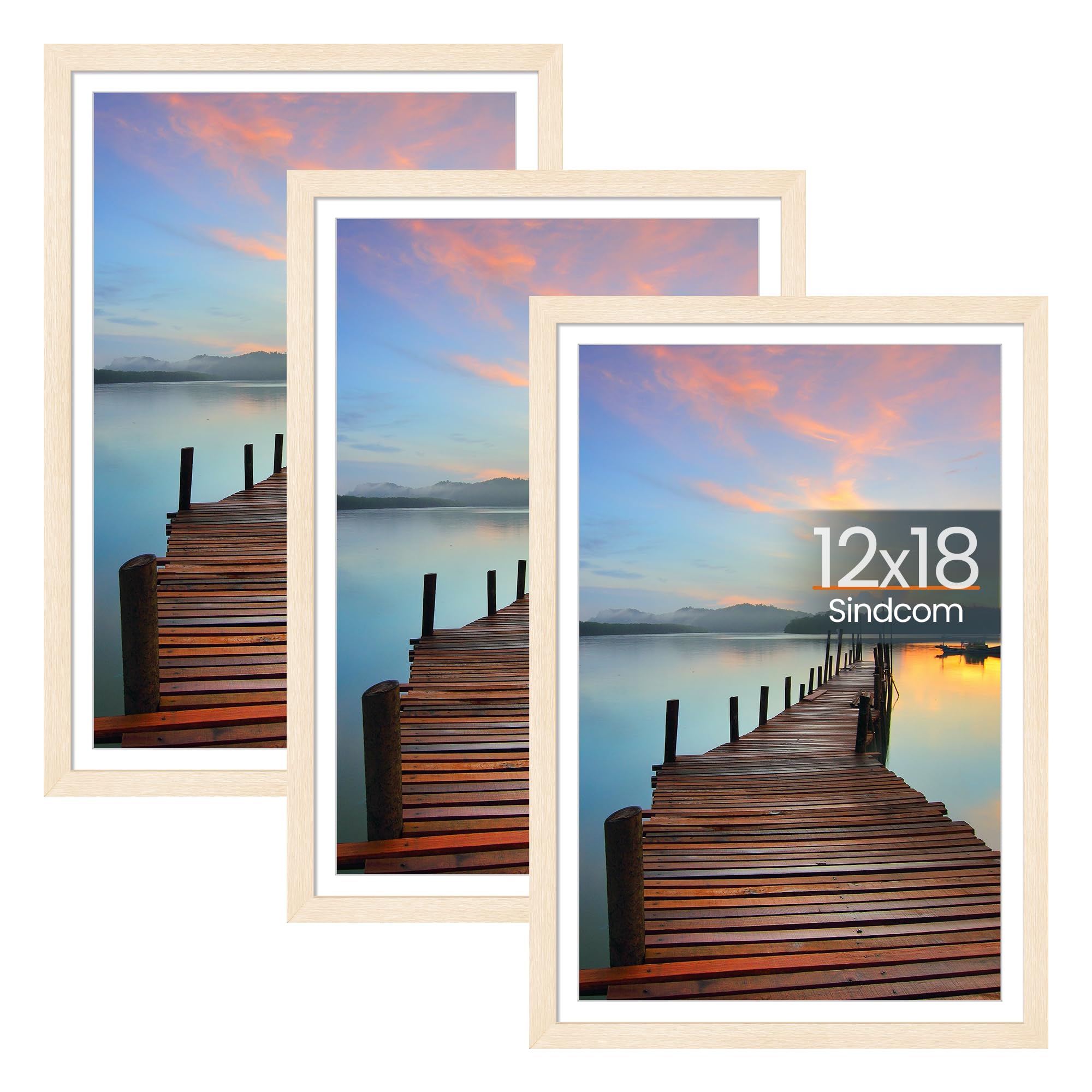 Sindcom 12x18 Poster Frame 3 Pack, Boho Wall Decor Picture Frame with Detachable Mat for 11x17 Prints, Horizontal and Vertical Hanging Hooks for Wall Mounting, Natural Photo Frame for Gallery Home Décor