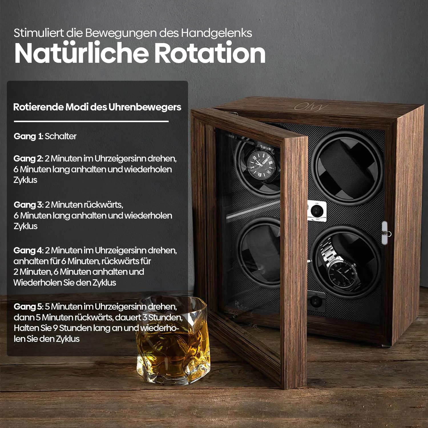 Olvy Uhrenbeweger für 4 Uhren, Watchwinder Box, Extrem Leiser Mabuchi Motor, Flexiblem Uhrenkissen, Watch Winder