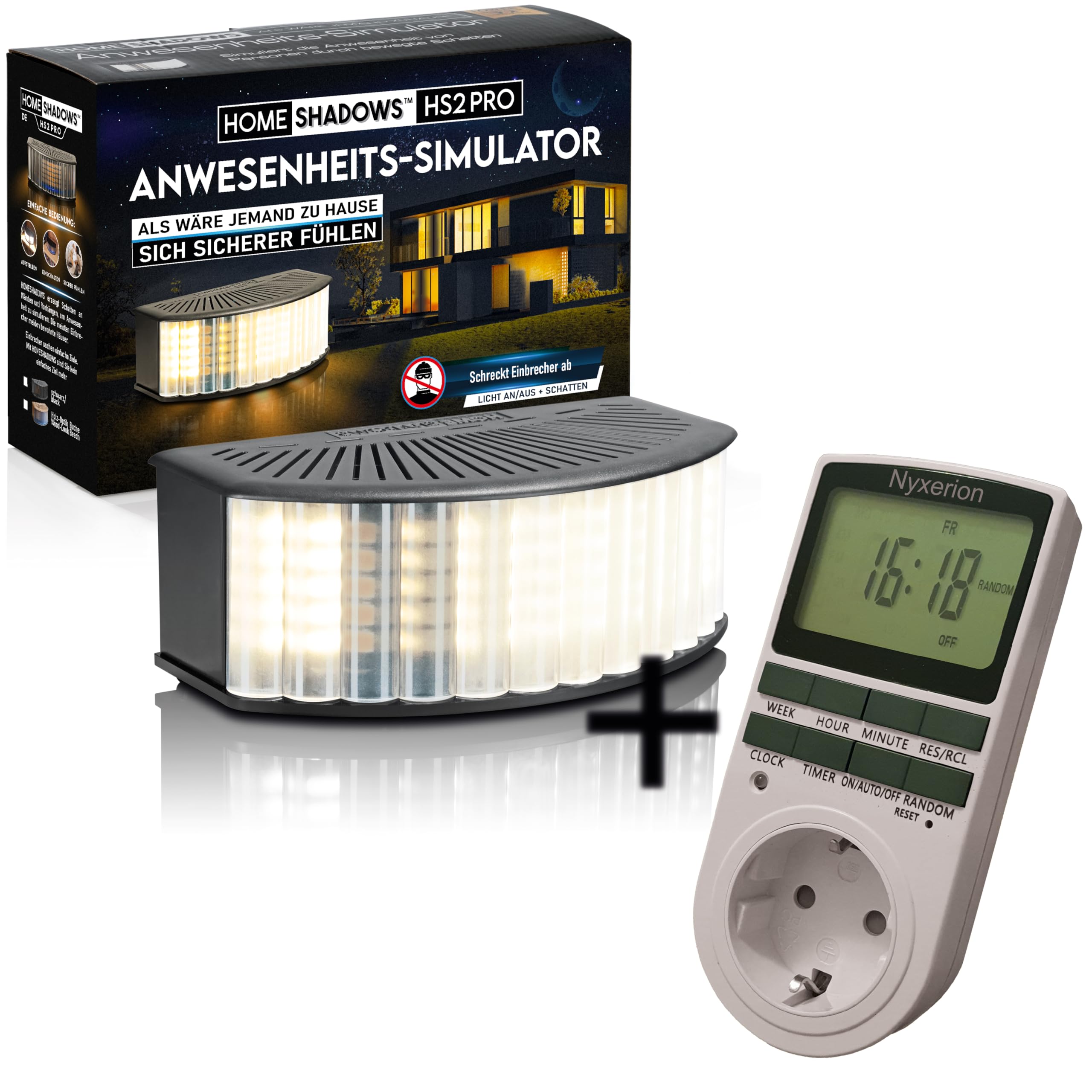 Home Shadows Anwesenheitssimulator HS2Pro - Einbrecher Abschreckung und Einbruchschutz durch Licht und Schatten, Schwarz + Digitale Zeitschaltuhr