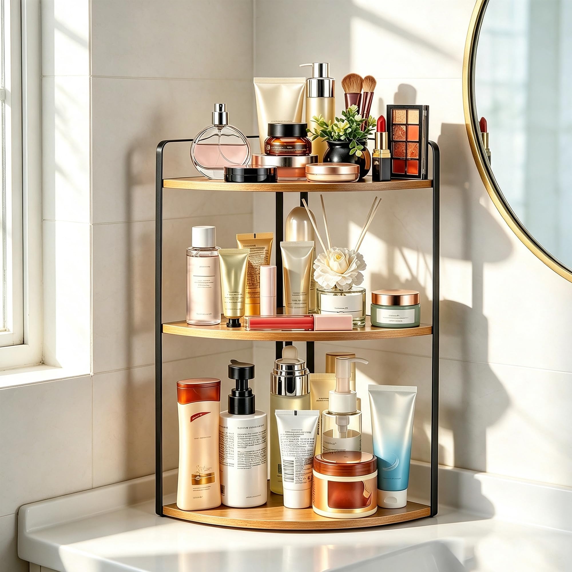 Corner Bathroom Counter Organizer, Vanity Counter Storage Shelf Walnut