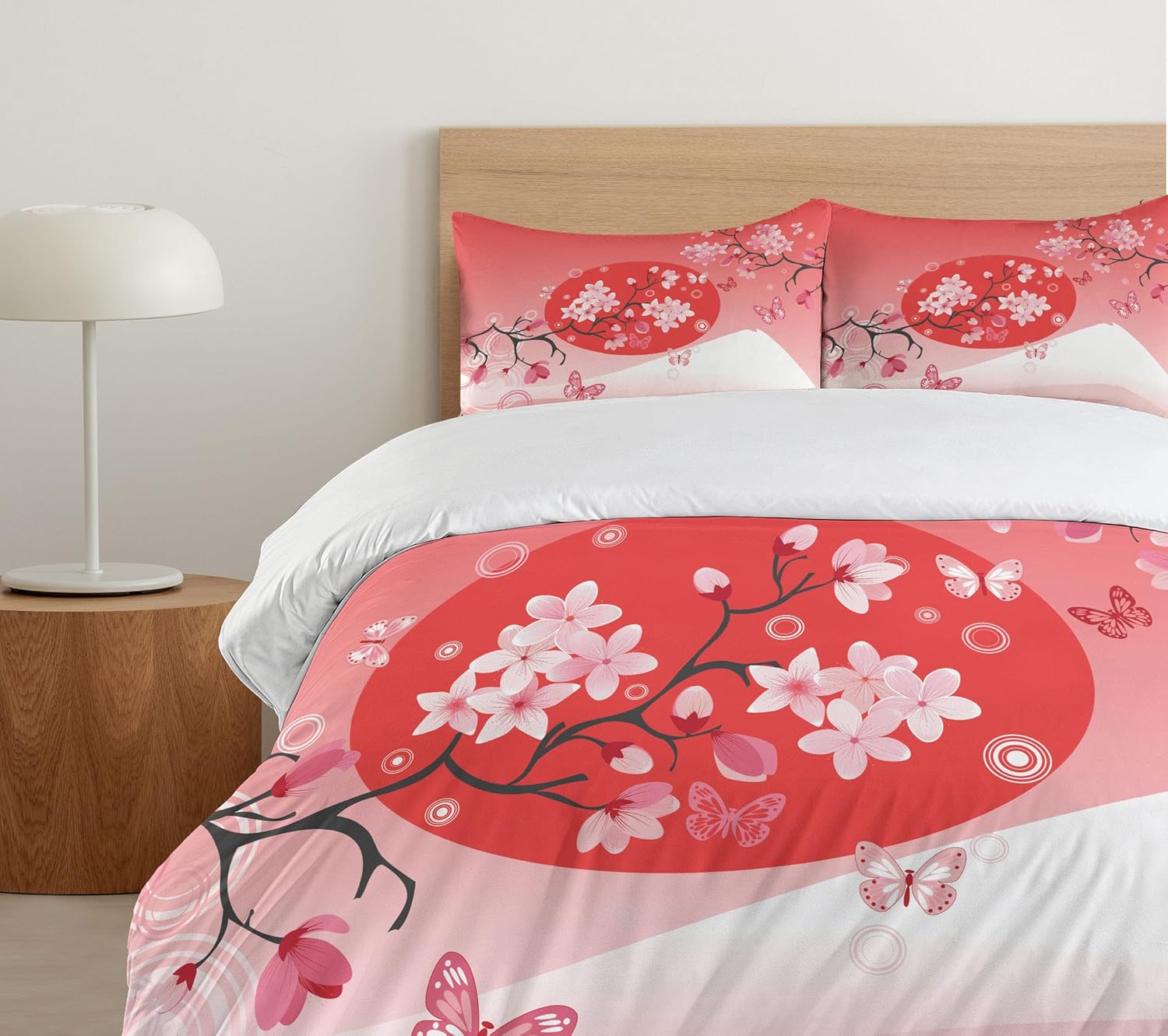 Ambesonne Asian Duvet Cover Set, Japanese Cherry Branches Over The Sun with Mountain Reflection Hill Season Image, Decorative 3 Piece Bedding Set with 2 Pillow Shams, Queen Size, Pink Red Queen Pink Red