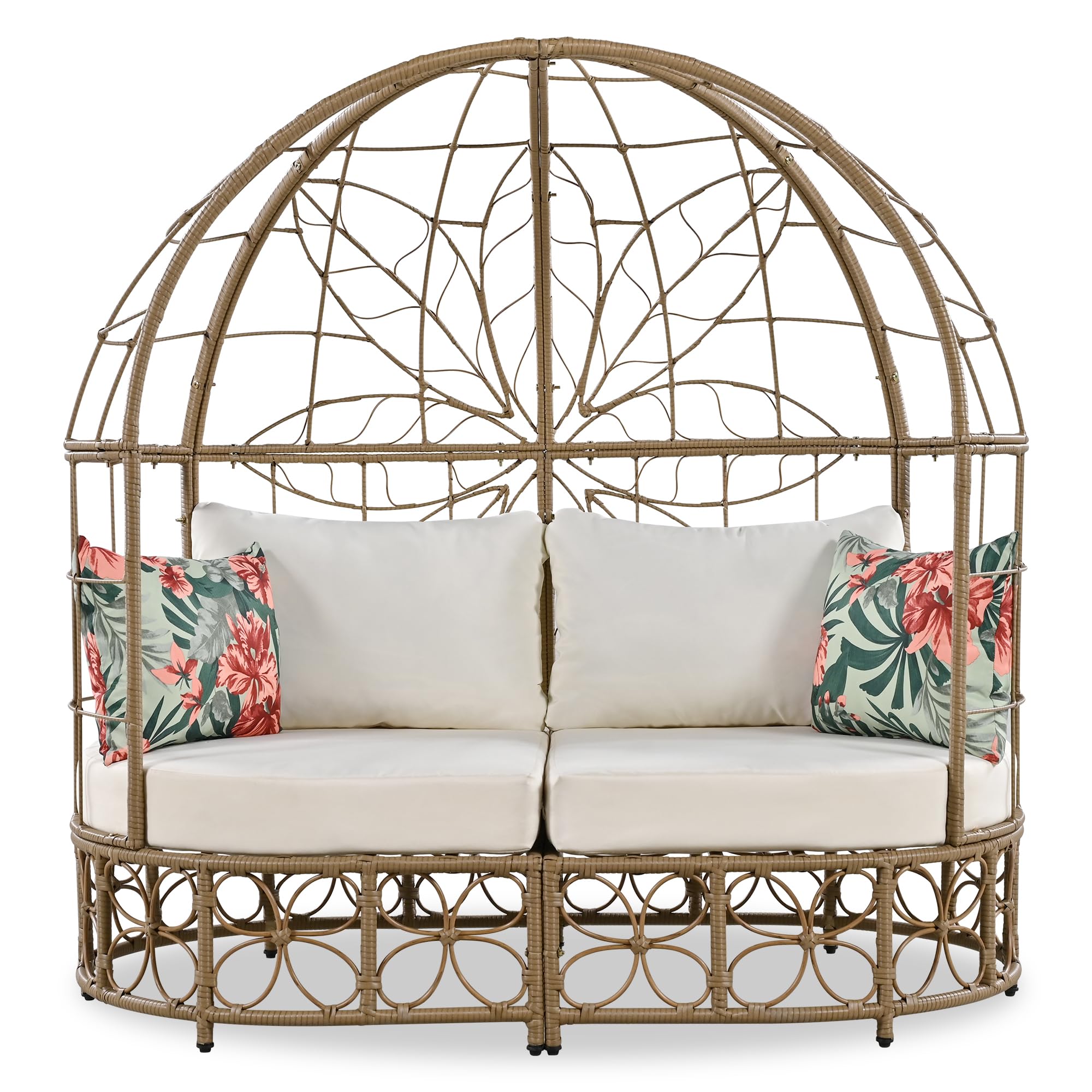 59.8 Inch Outdoor Sunbed Waterproof PE Rattan Sunbed Wicker Patio Lounger Privacy Curtain Comes with Colorful Pillows Beige Cushions Adjustable Feet Floral Pattern Suitable for Poolside Garden Patio