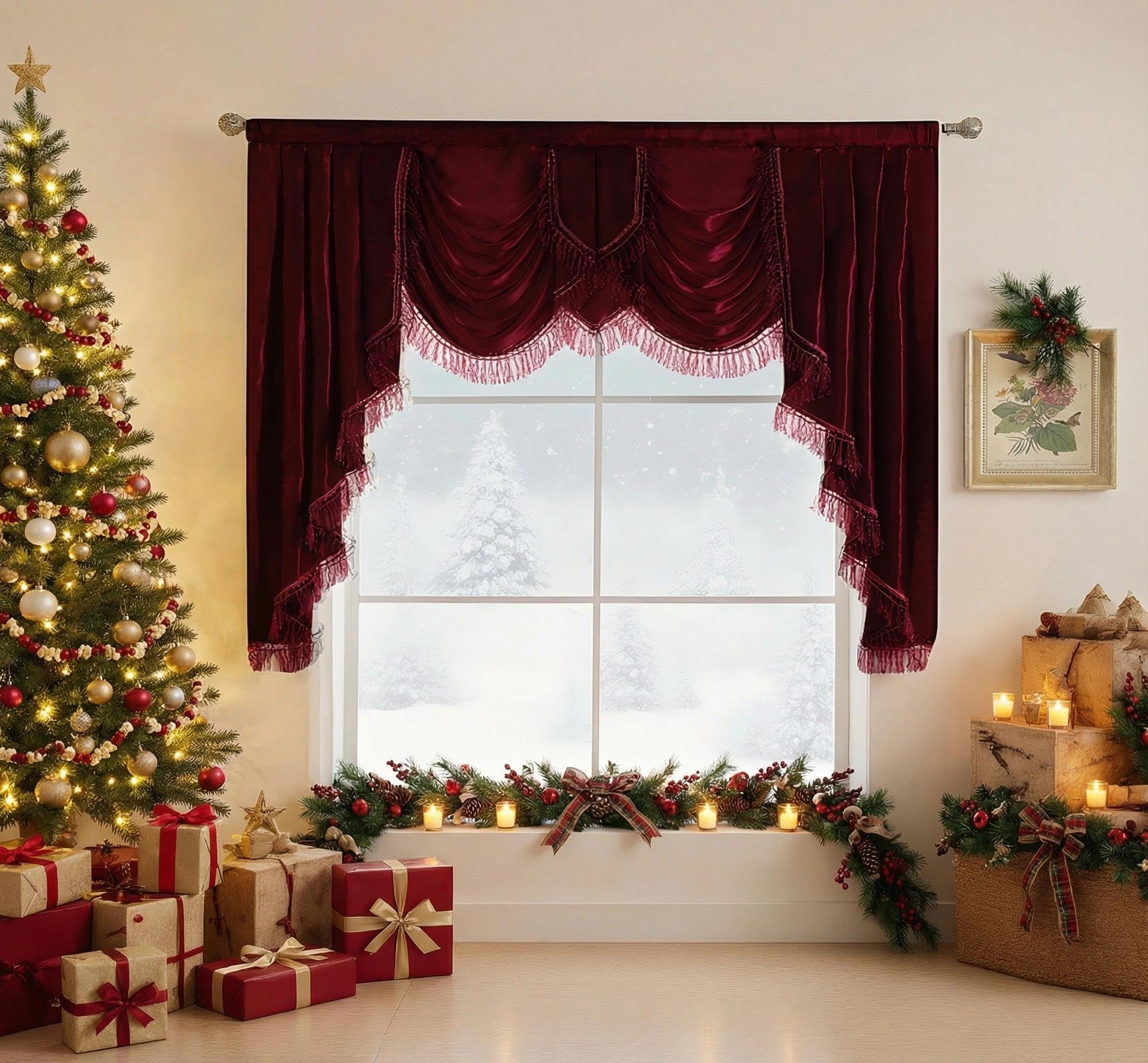 NAPEARL Soft Satin Swag Valance Curtains, Waterfall Valance with Tassles, Burgundy, 61 x 49 Inch, Dining Room