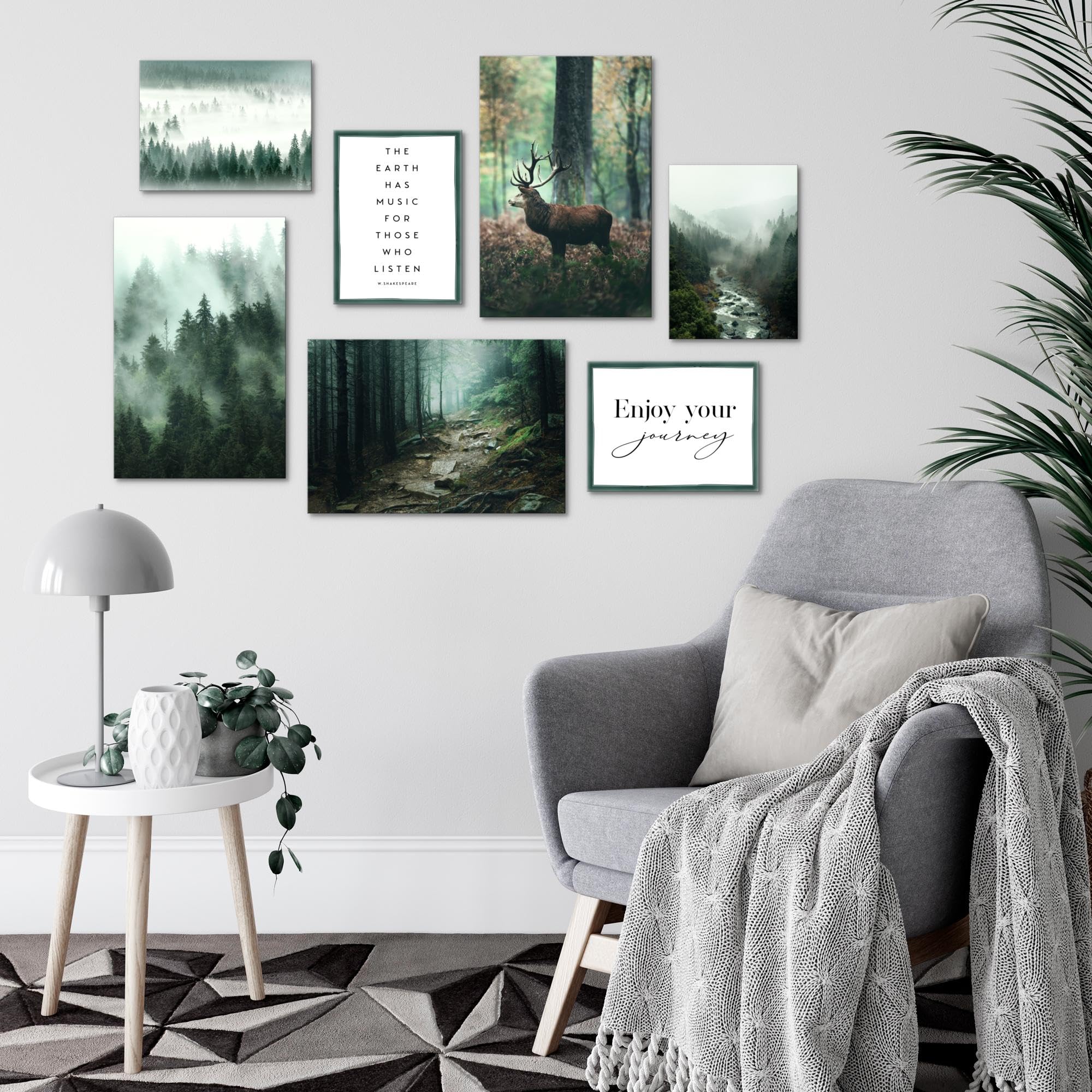Novart Wandbilder Wald Hirsch - KOMPLETT AUFHÄNGFERTIG - Natur Grün Wohnzimmer Schlafzimmer Flur - 7 Moderne Mood-Bilder - N004672a