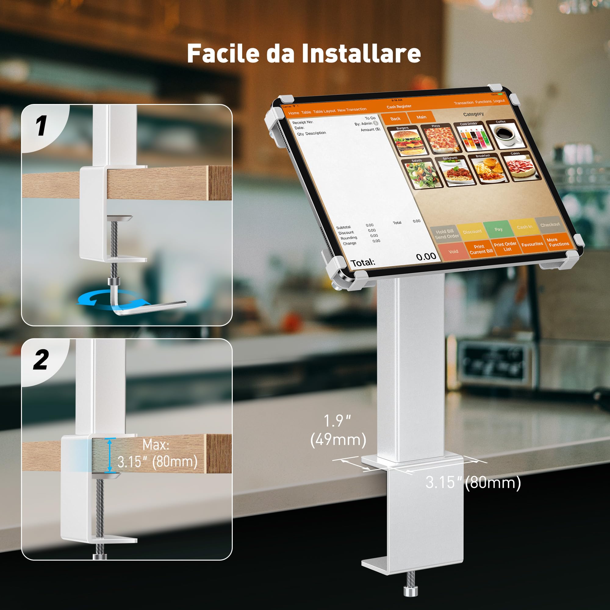 AboveTEK iPad Desk Stand, un supporto per tablet regolabile e antifurto con rotazione di 360° e inclinazione di 180°, si adatta a tablet da 9,7" a 13" ed è perfetto per il lavoro-Argento