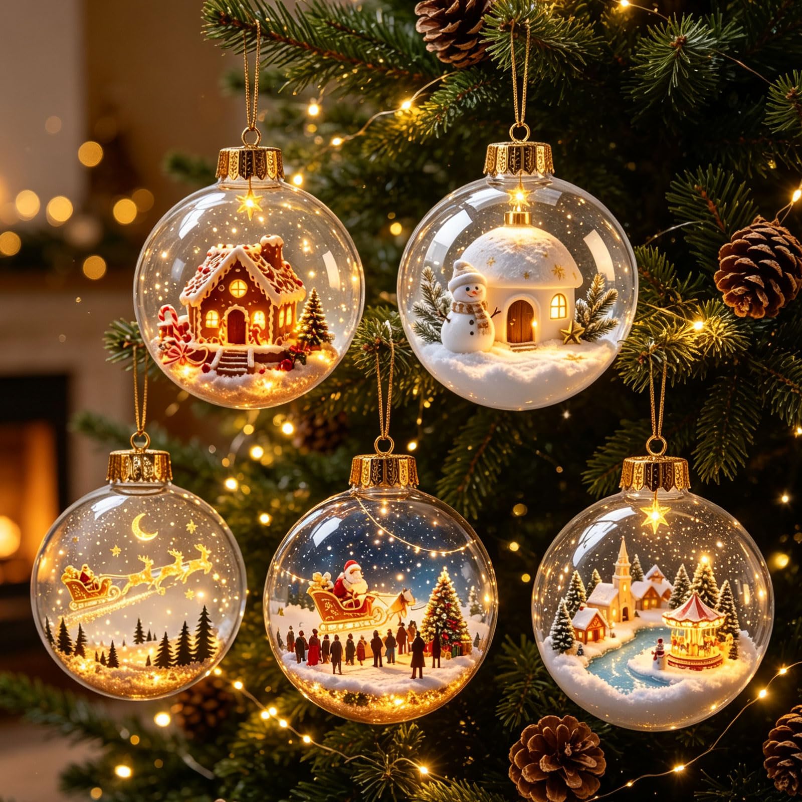 5pcs Glowing Christmas Story Ornament, Light-up Mini Holiday Scene