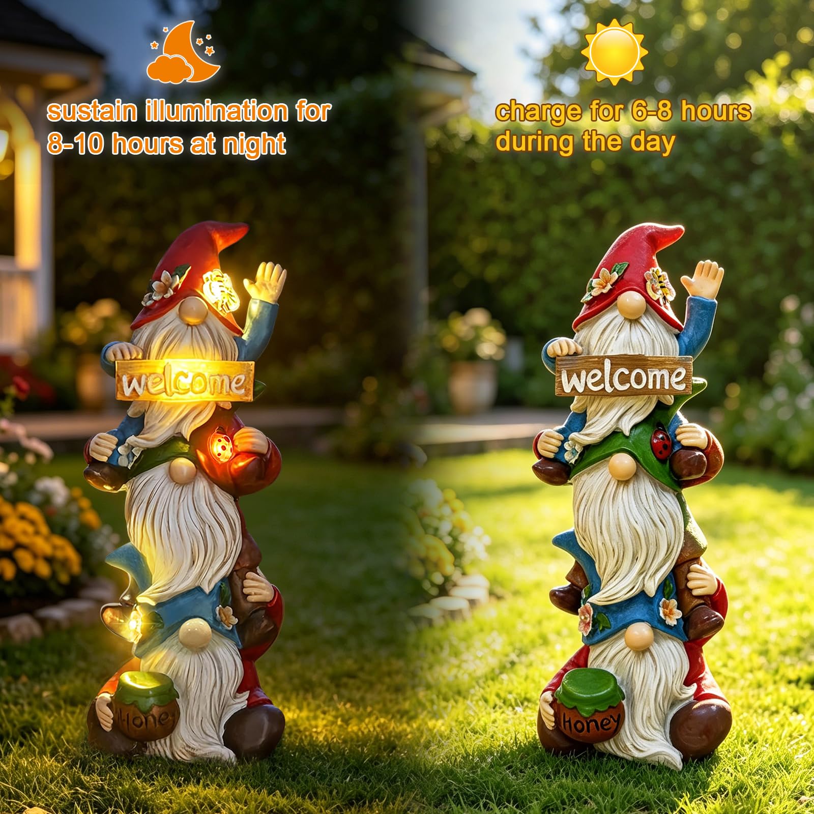 Estatua de gnomo de jardín, luces solares, divertidas esculturas de gnomos triples sin rostro, decoraciones de primavera, porche al aire libre, patio, césped, patio, balcón, decoración del hogar