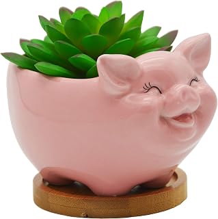 Cuteforyou Succulent Pots, Cute 5.11 Inches Animal Pig Shaped Ceramic Cactus Flower Planters with Bamboo Tray -Plant Not Included (Pink)