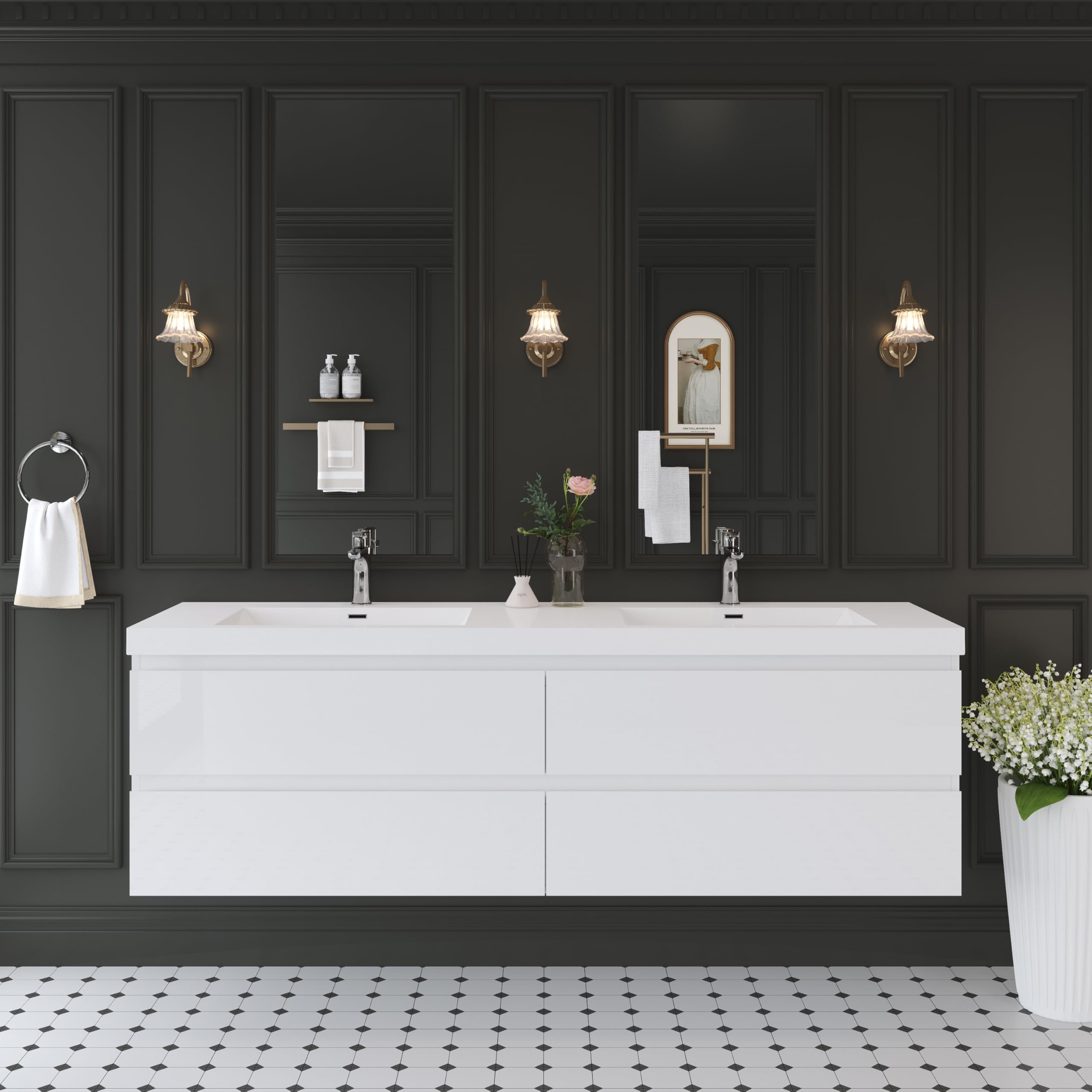 Bysimdon Floating Bathroom Vanity with Double Sinks, 72" Wall-Mounted Bathroom Storage Vanity Cabinet with Resin Top Basin and Soft Close Drawers, No