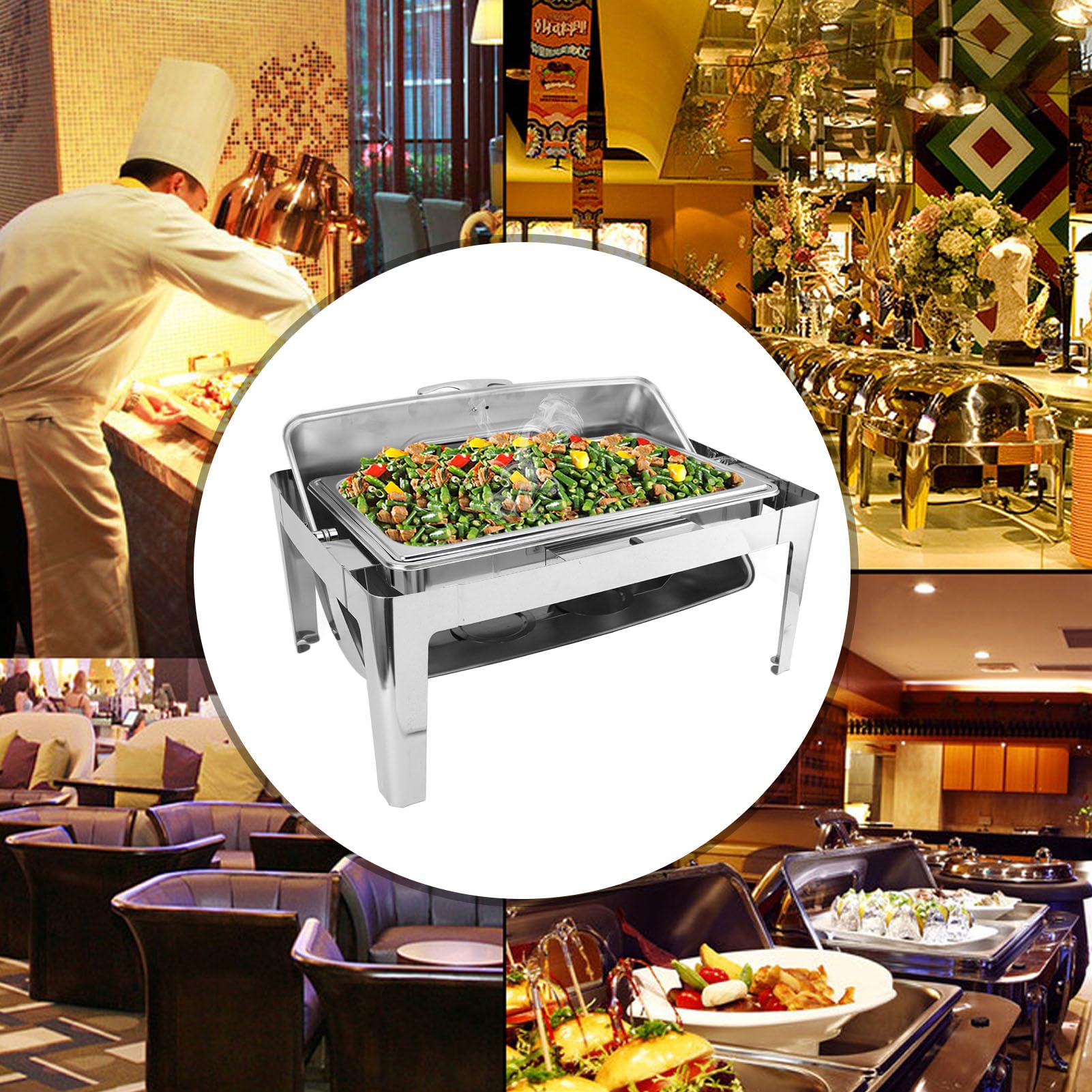 Scaldavivande per Buffet in Acciaio Inossidabile per Catering con Coperchio in Vetro, capacità 9 Litri, Ideale per Feste, Hotel, Ristoranti (1 scomparto)