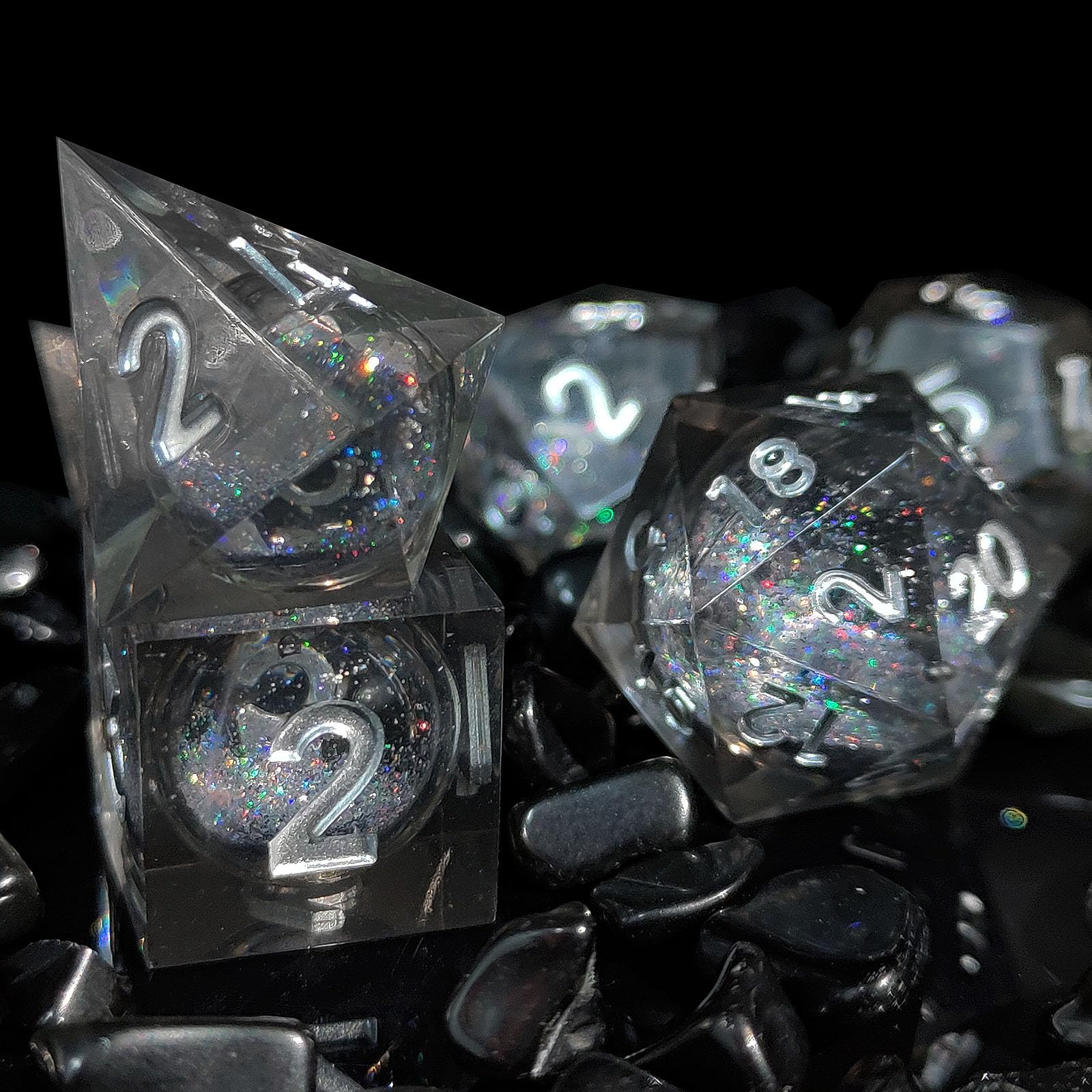 ORUZA 7 PCS Liquid Core DND Dice Resin Sharp Edge Dice Polyhedral D&D Dice Set for Dungeons and Dragons RPG MTG Table Games (Liquid Quicksand Black) - Image 3