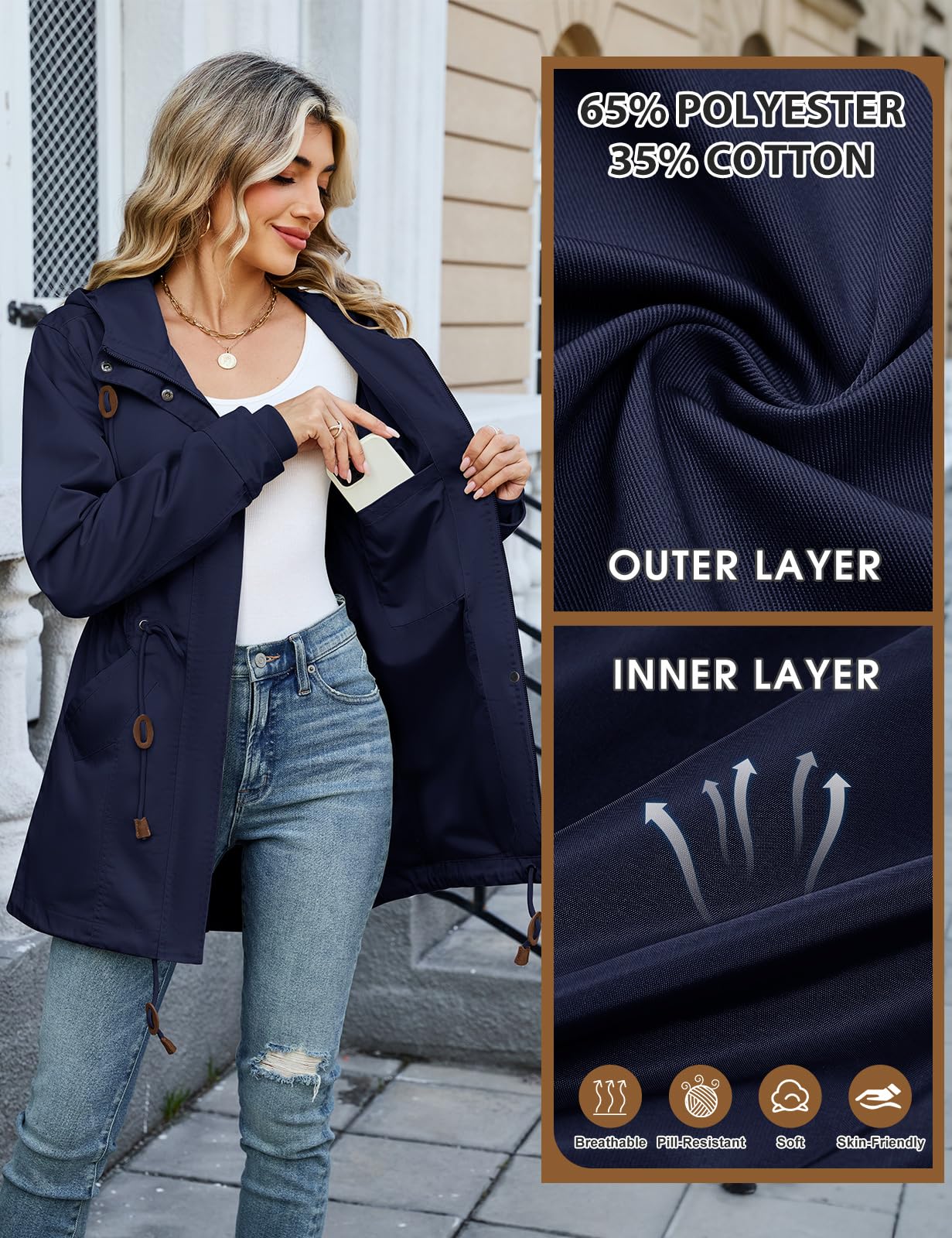 Vancavoo Übergangsjacke Damen Leichte Herbstjacke mit Kapuze | Frühjahrsjacke mit Kordelzug, Reißverschluss, Rippbündchen und Taschen für Frühling und Herbst