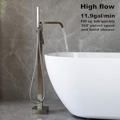 Miniatura 9 de Grifos de bañera independientes Llenadores de bañera Cromo Montaje en el piso Llenador de grifo para bañeras Bañeras Tinas Alto Flujo 11.9GPM Baño