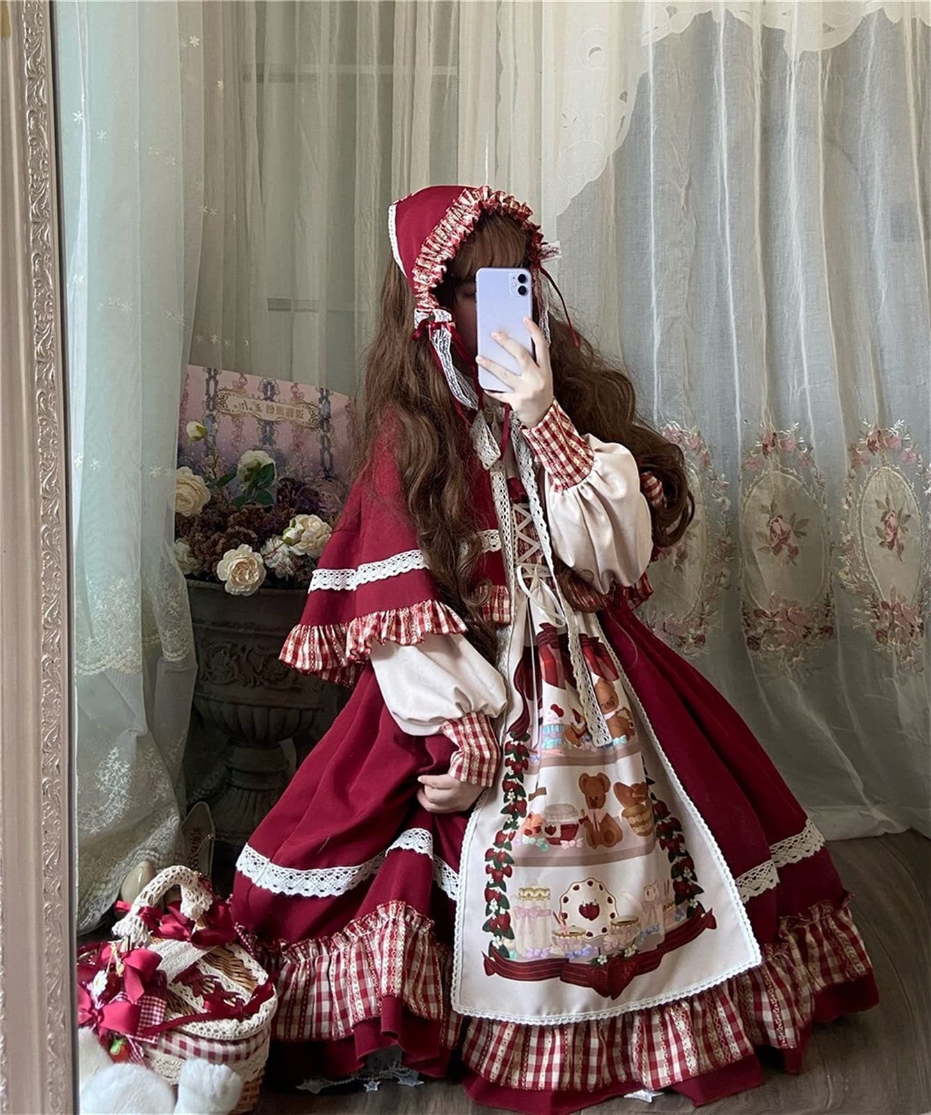 Vestido de fiesta de princesa Sweet Lolita con encaje y lazo de cintura alta, vestido rojo para niña, gótico Lolita Op Cosplay (color: vestido y capa, tamaño: L)