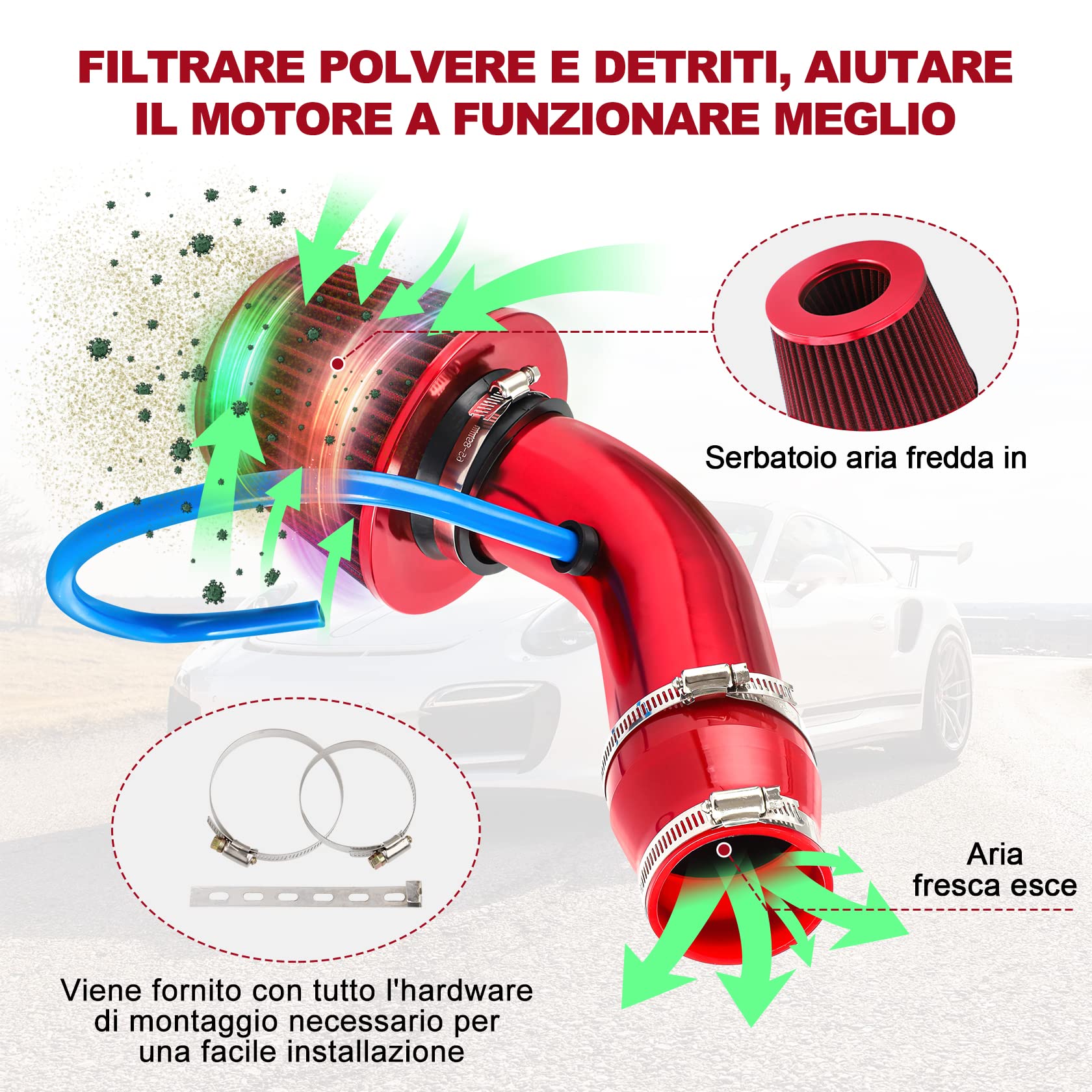 Pindex Filtro Aria Sportivo Auto: Filtro di Ingresso Dell'aria Filtro a Cono in Fibra di Carbonio con Tubo Aspirazione Aria - Rosso