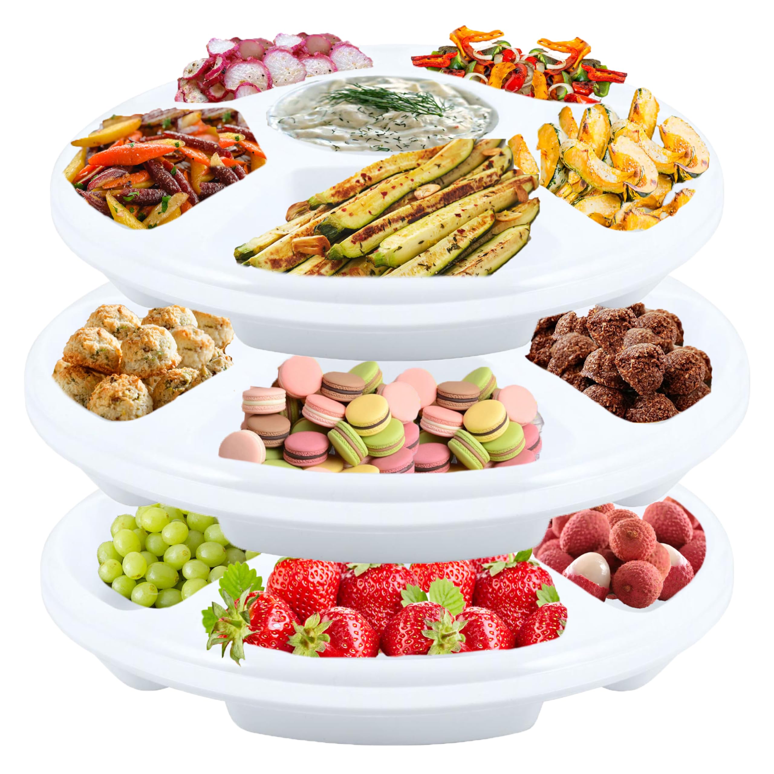 HOMESHOPA Plastic Compartment Trays, 3 Pack Lightweight Reusable Serving Platters for Parties, Compartment Appetizer Platter, Round Divided 6 Section Food Catering Trays for Snacks Fruits Nuts, White