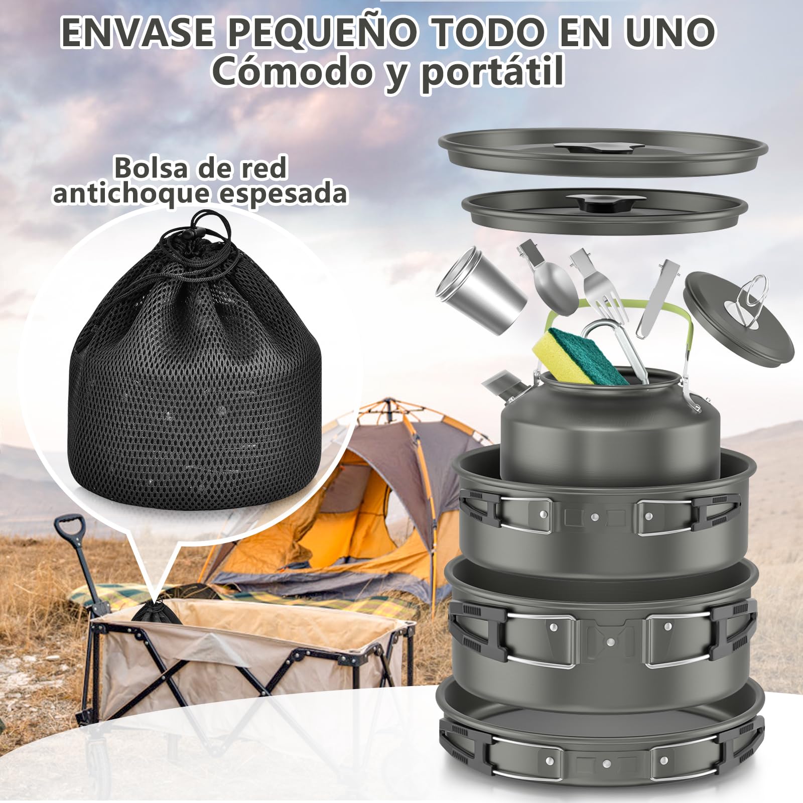 IEEILULU Utensilios Cocina Camping, Kit Cocina Camping, Aluminio Utensilios de Acampada para Camping Campamento Senderis,mo Itinerante Aire Libre Picnic (2-3 personas)