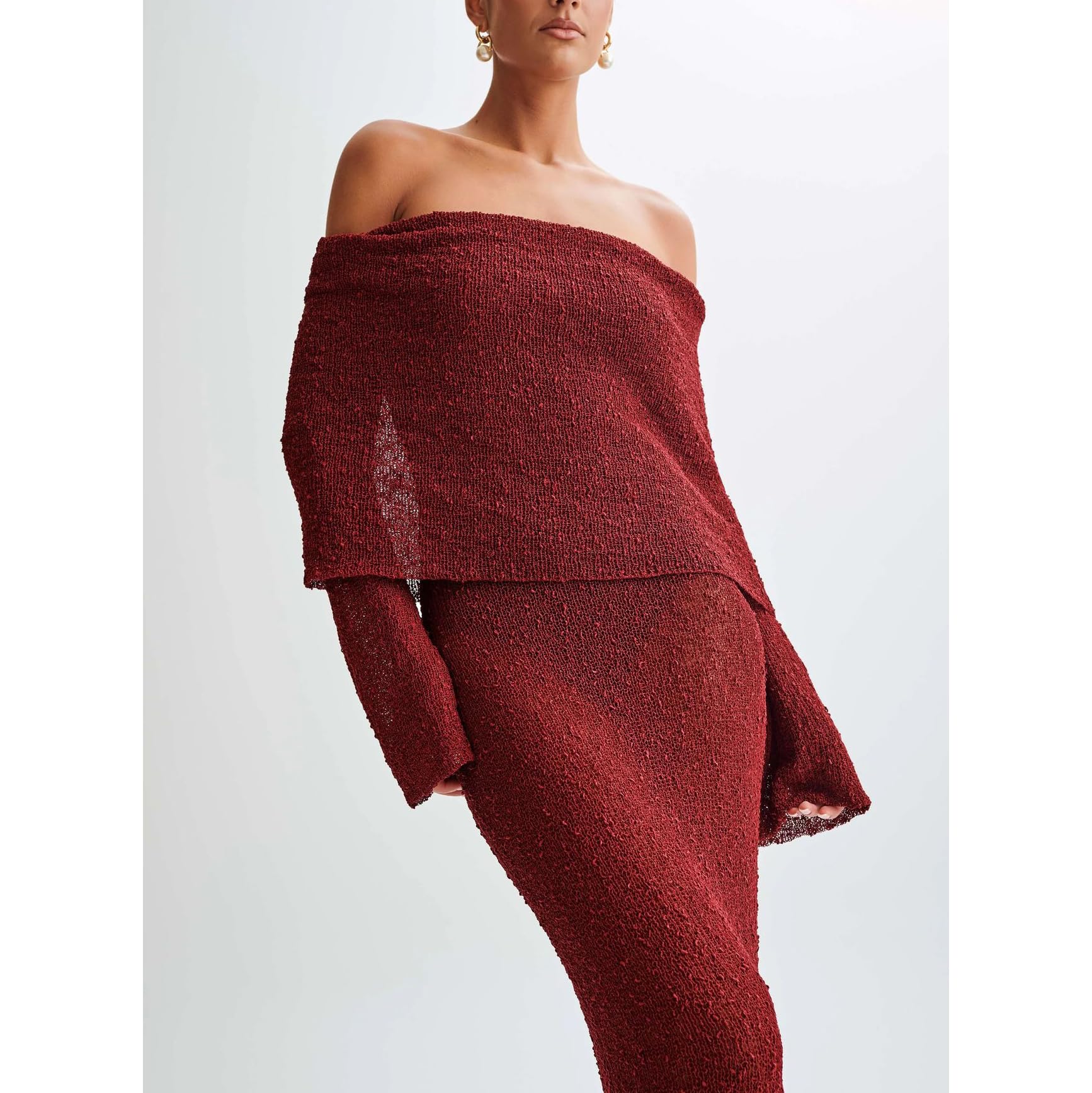 Donne Fuori della Spalla a Maglia Svasato Manica Bodycon Spiaggia Casual Coprire su Abiti,Rosso,S