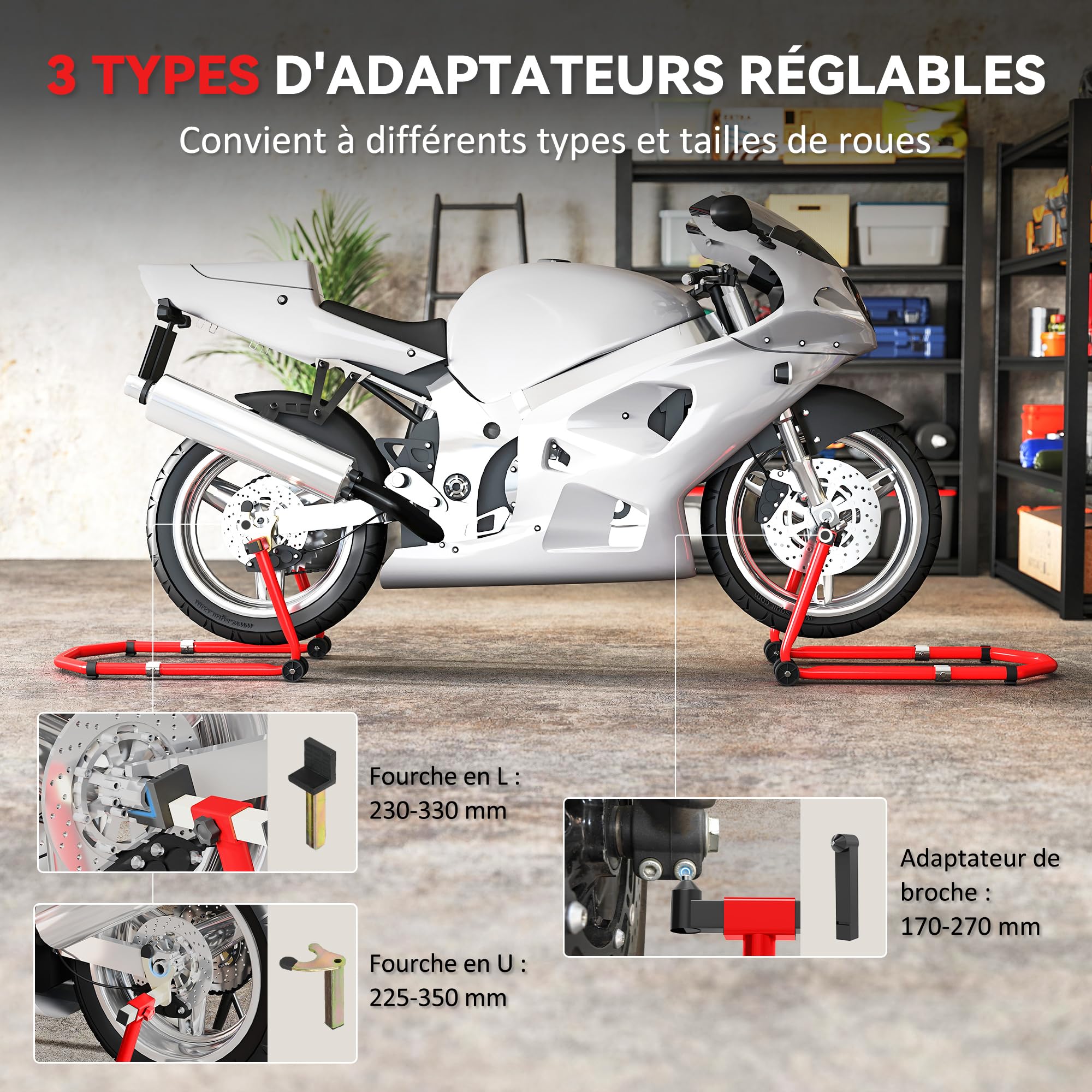 VEVOR Béquille Moto Avant Arrière Charge 0,39 T - Support Roue Réglable En Acier Avec Têtes U + L