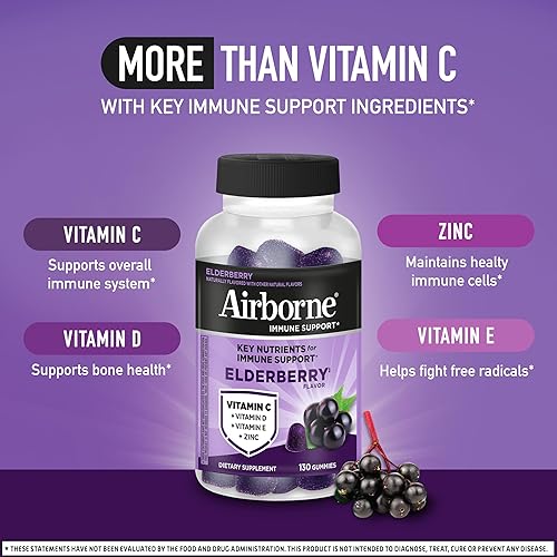 Vista 22 de Airborne - Gomitas de baya de saúco + vitaminas y zinc – Airborne (50 unidades en una botella), suplemento de apoyo inmunológico sin gluten