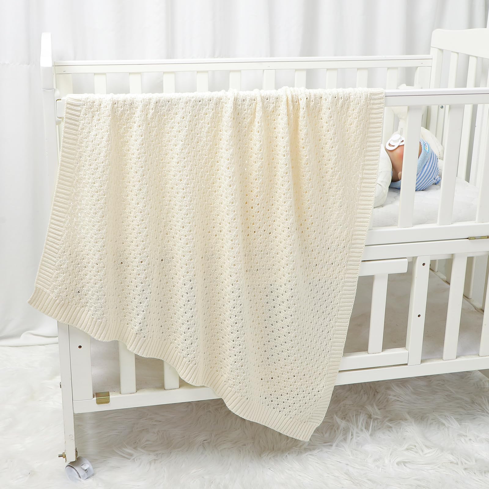 mimixiong 100% Cotton Knitted Cellular Baby Blanket for Boy Girls (Baby White) - Image 3