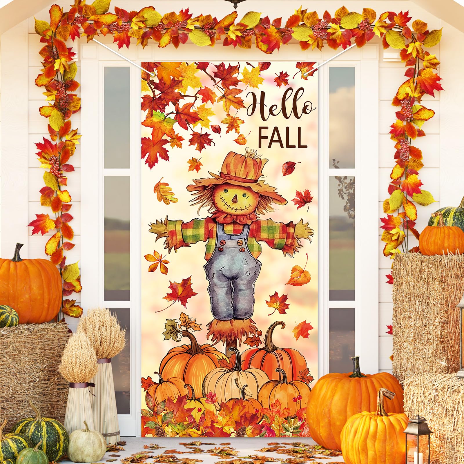 Herbst-Türbanner mit Vogelscheuche und Kürbisblättern, 80 x 170 cm, hängende Banner, Herbst-Foto-Hintergrund für Thanksgiving