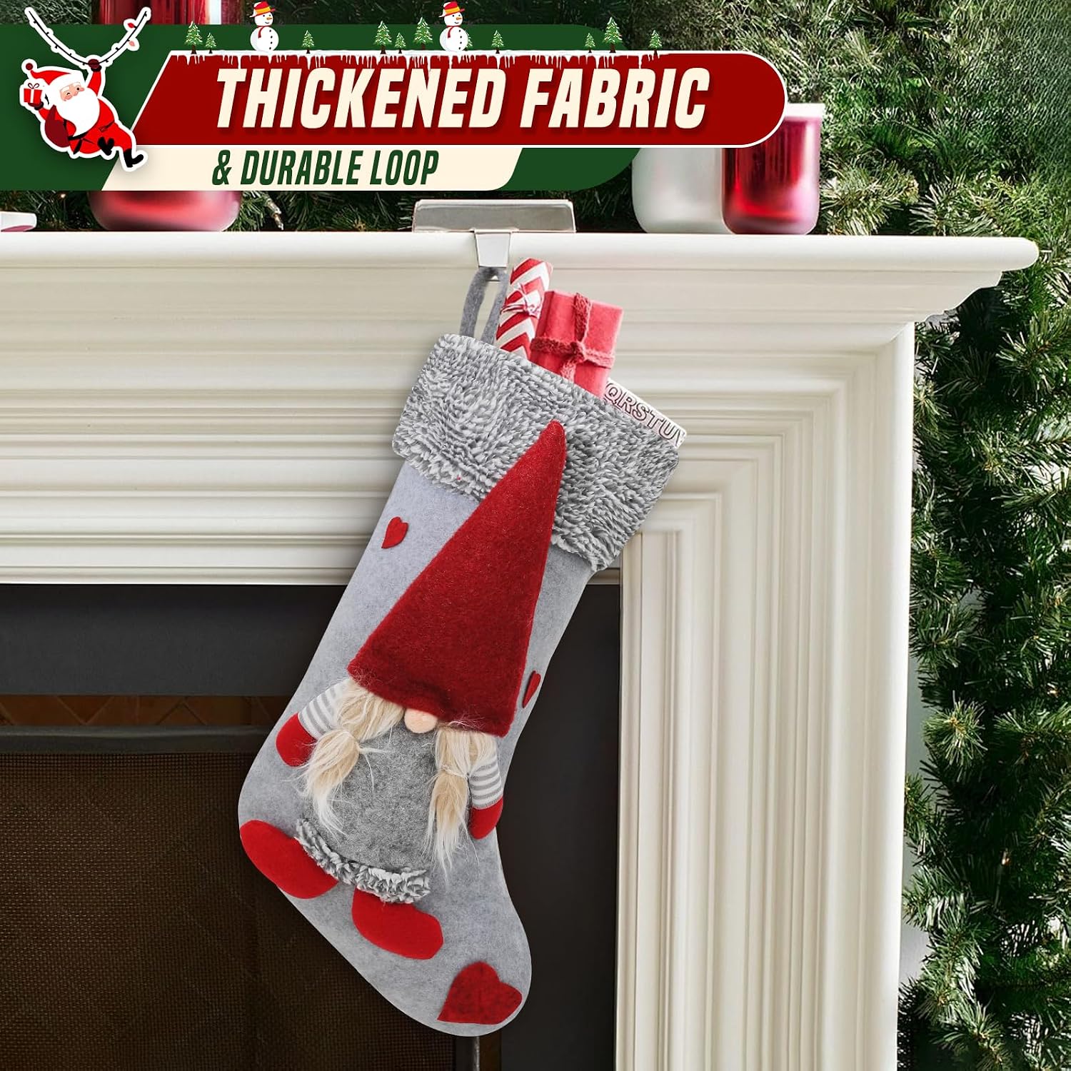 Christmas Stockings for Holiday Decorations, Xmas Stocking with Faux Fur Plush Cuff for Fireplace Hanging Family Party Tree Decor 4 Pack Gift Set, Non-Woven 3D Gnome - Gray/Red