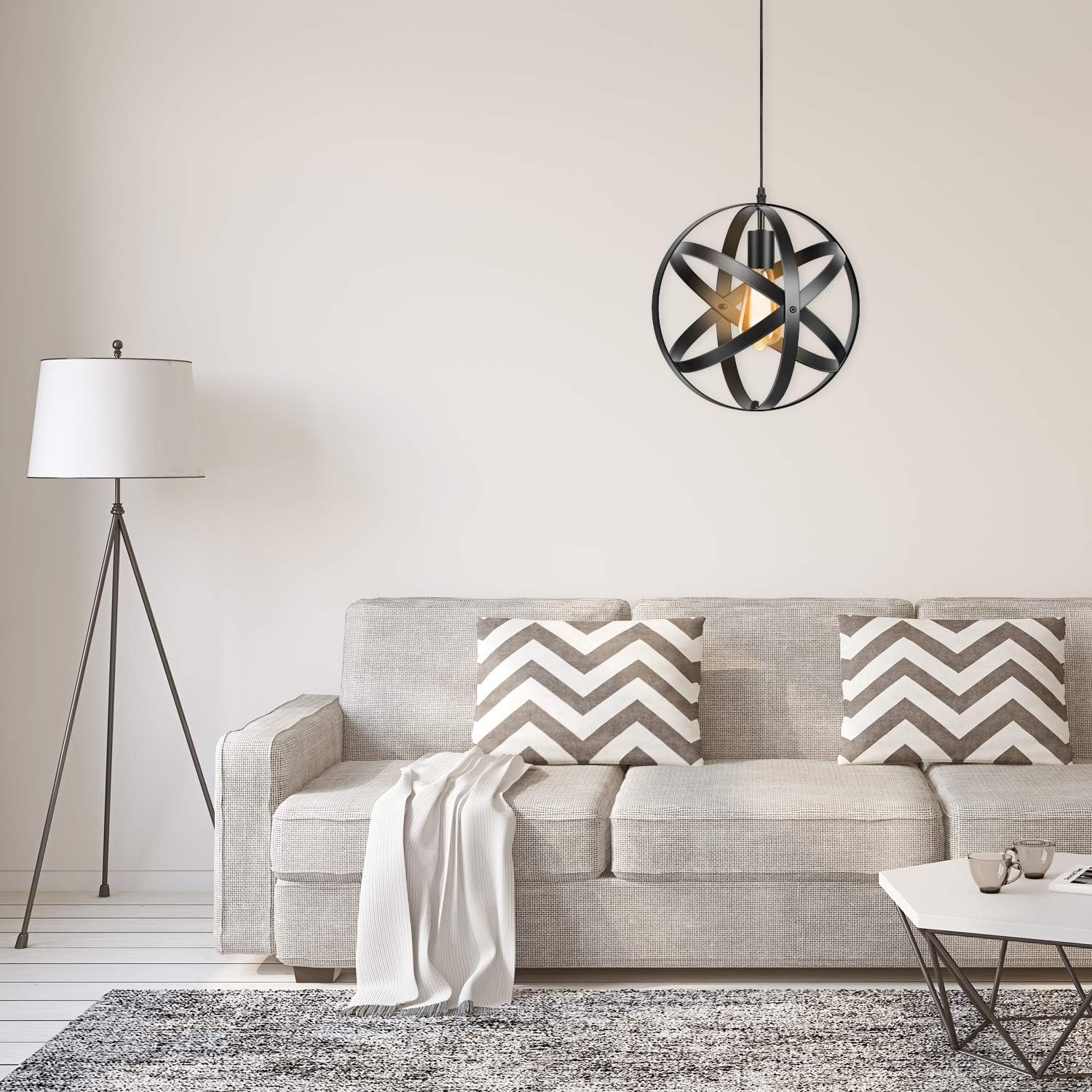 Industrial Metal Pendant Light, Spherical Cage Pendant Light Black, Farmhouse Globe Chandelier Vintage Hanging Ceiling Light Fixture for Kitchen Island Dining Room Farmhouse Entryway Foyer Hallway - - 