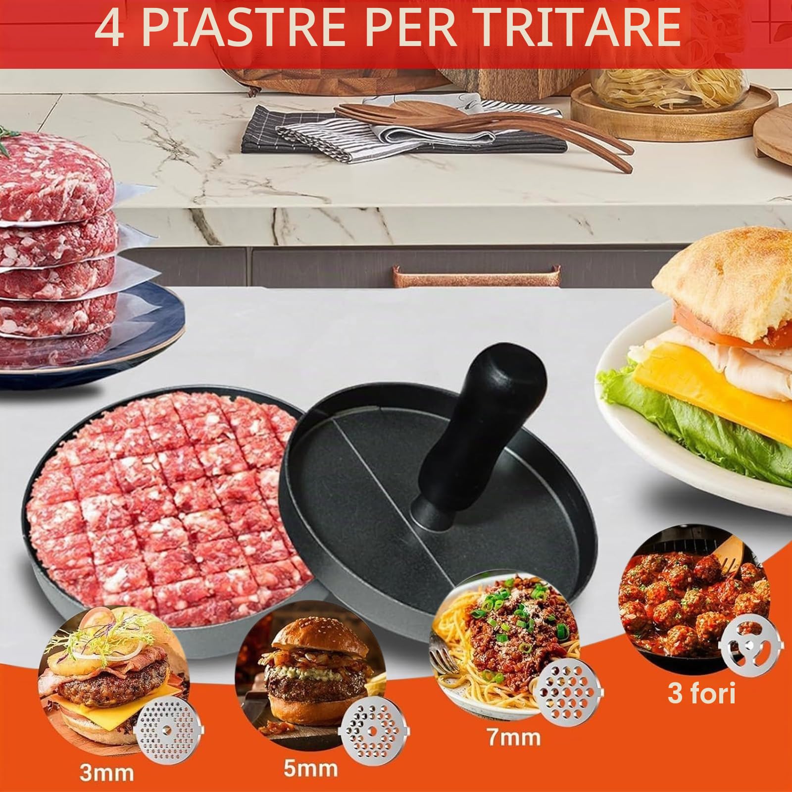Accessorio Tritacarne, Accessori Kitchen Aid in Acciaio Inox con 4 Dischi di Macinazione 3 Tubi per Insaccati 3 Lame 1 Pestello e 1 Macchina per Hamburger per Tritare Carne Lavorare Frutta Verdura