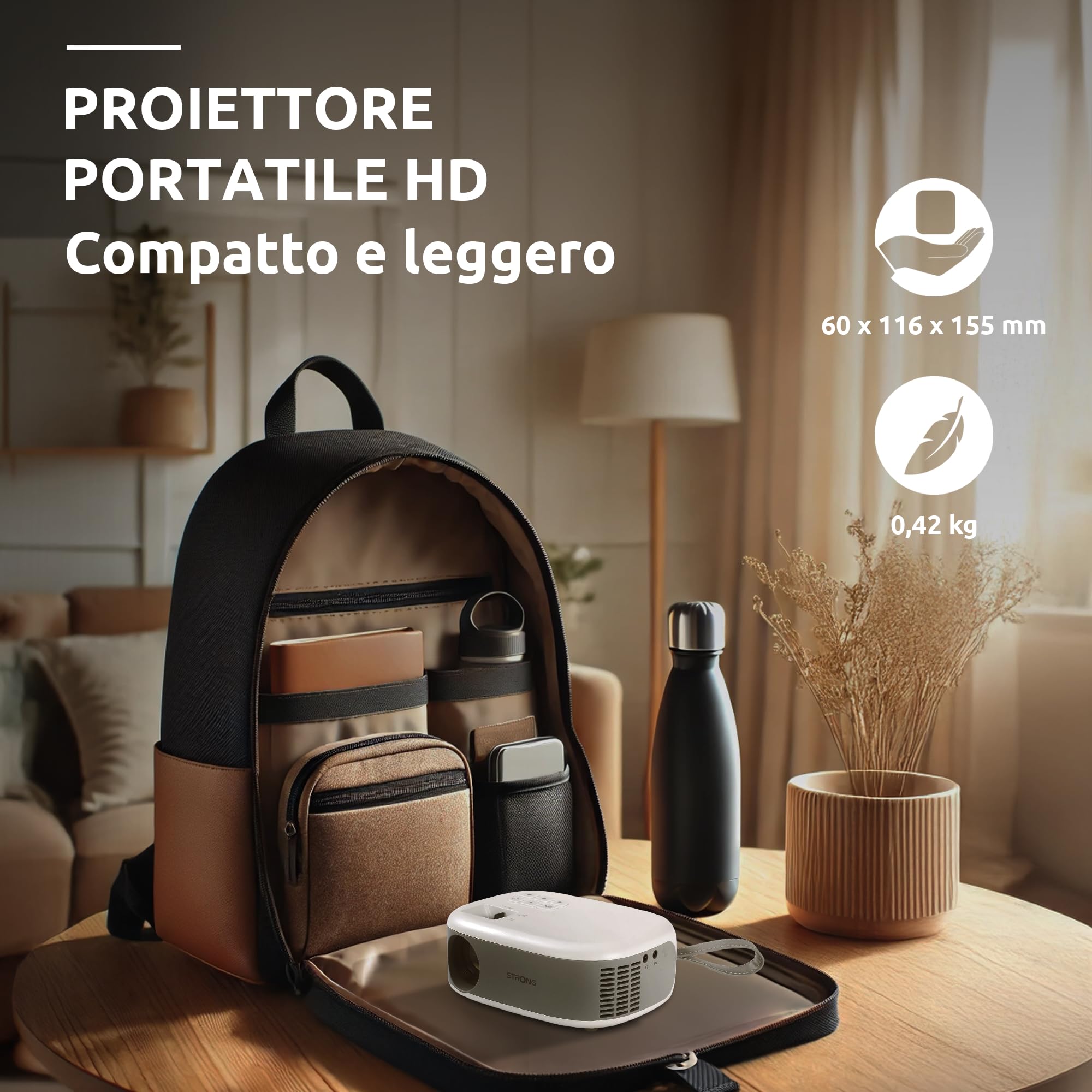 STRONG - Mini proiettore N1 - Risoluzione HD 720p compatibile Full HD 1080p - 120 ANSI Lumens - Distanza di proiezione da 0,9 a 6,2 m - Connettività HDMI/USB/AV + Uscita audio - Bianco