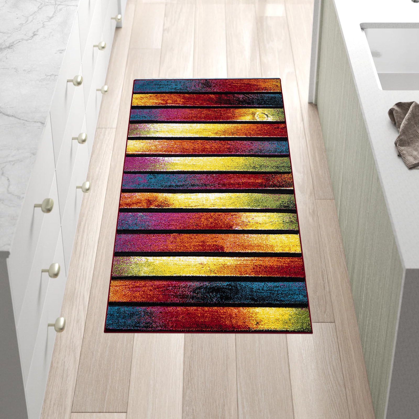 renoazul® Multicoloured Area Rug forLiving Room, Hallway, Bedroom and Office, 80 x 150 cm, Stripes, Soft Thick Pile Fluffy Thick Plush Geometric Pattern Rug — image 1