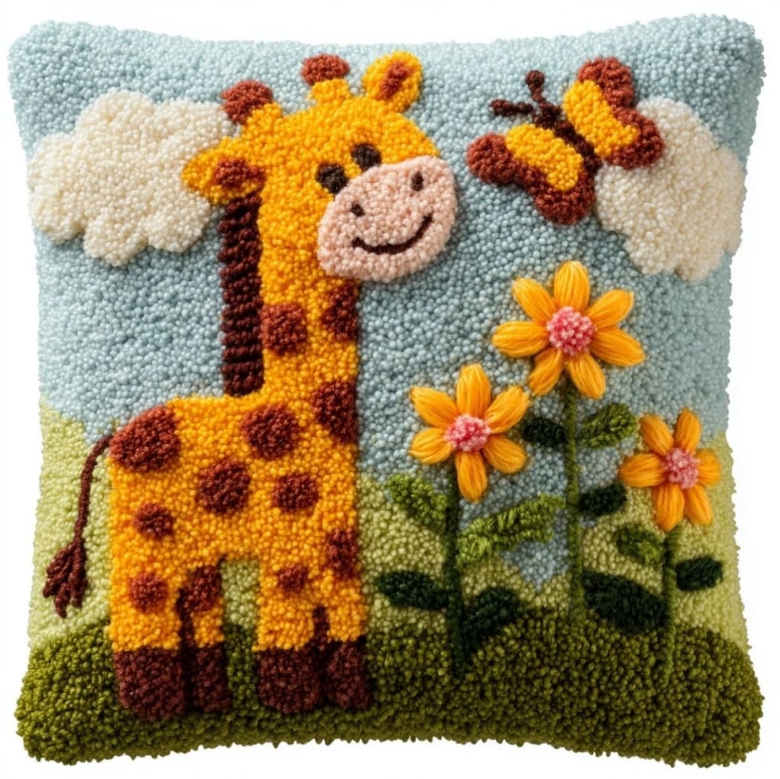 AxiangziK Latch Hook Rug Cushion Kit 43x43cm,Giraffe and Butterfly Pillow Cover Making Set - Handmade Knitting Bedroom Decor Craft for Beginners