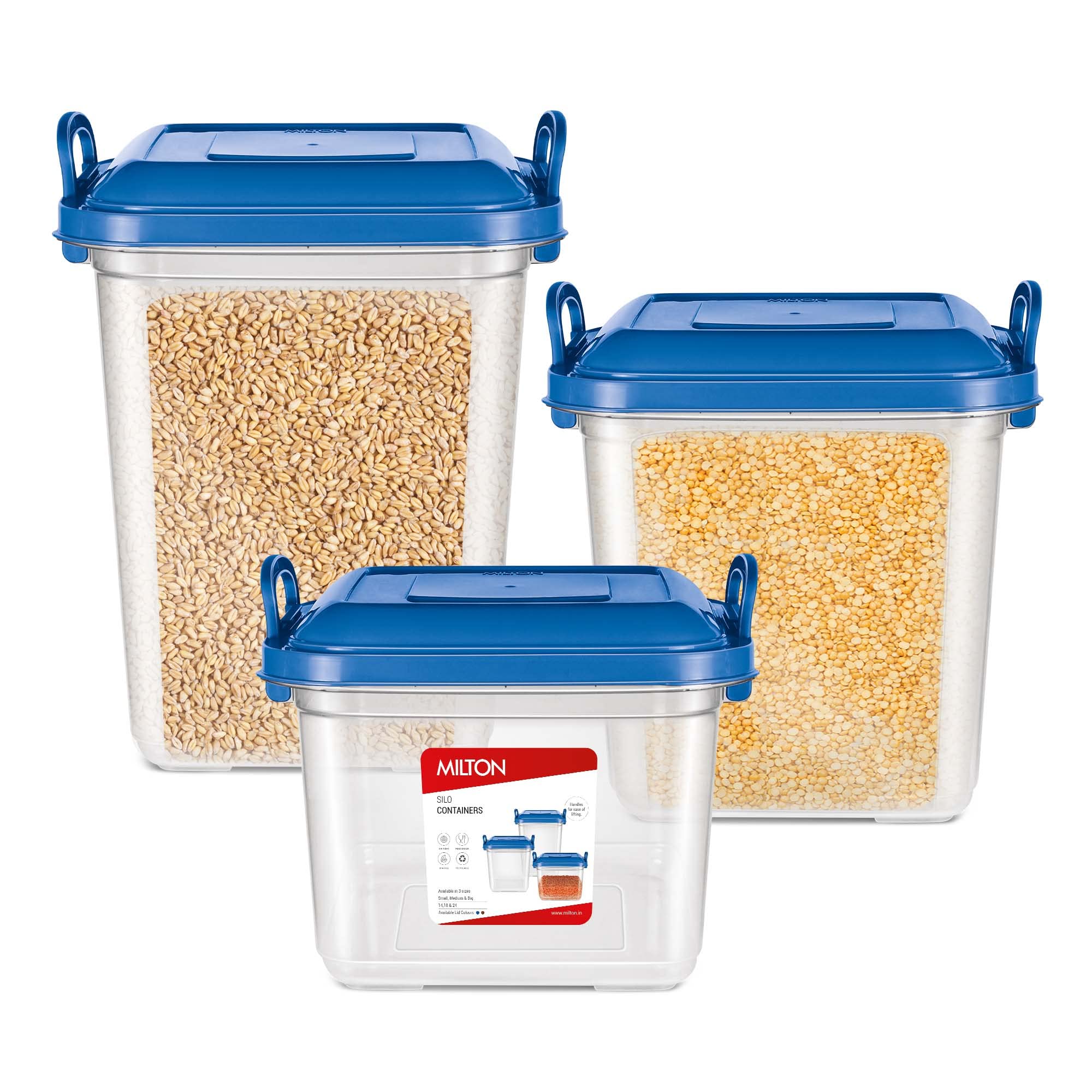 MILTON Silo Plastic Storage Container with Side Lock Handles Set of 3 (14.45L, 18L & 23L) Blue, Large Transparent Boxes, Stackable and Nestable Dabba, Kitchen Containers for Grains, Cereals, Atta Box (B09RWZ1NH5) Amazon Price History, Amazon Price Tracker