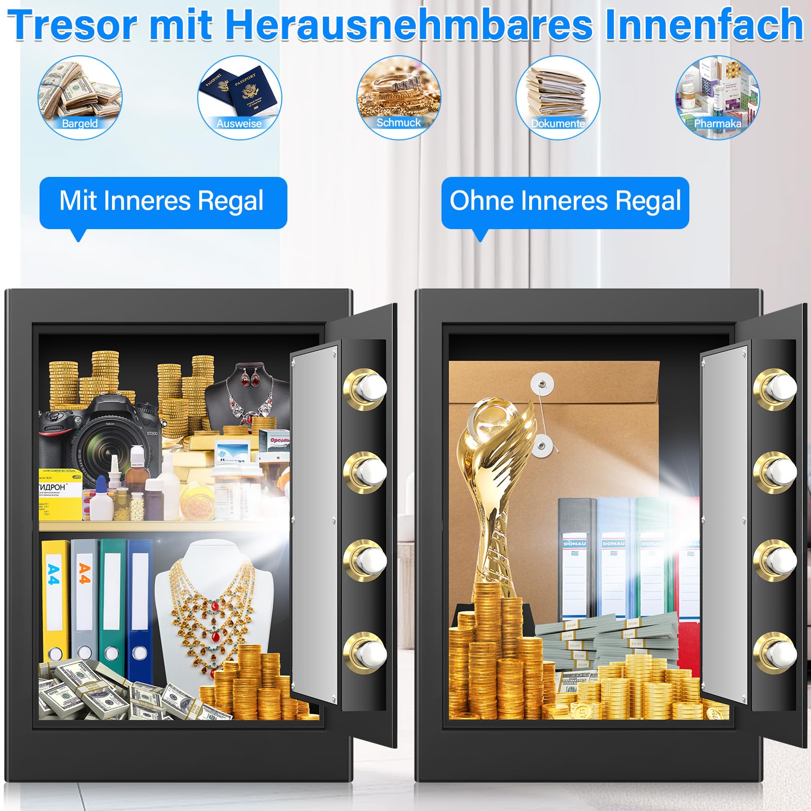 45L Großer Feuerfester Tresor Safe mit Feuersichere Dokumententasche, Digitaler Möbeltresore mit 2 Schlüssel & Herausnehmbarem Regal, Elektronischer Tresor für DIN A4 Ordner Bargeld Medikamente