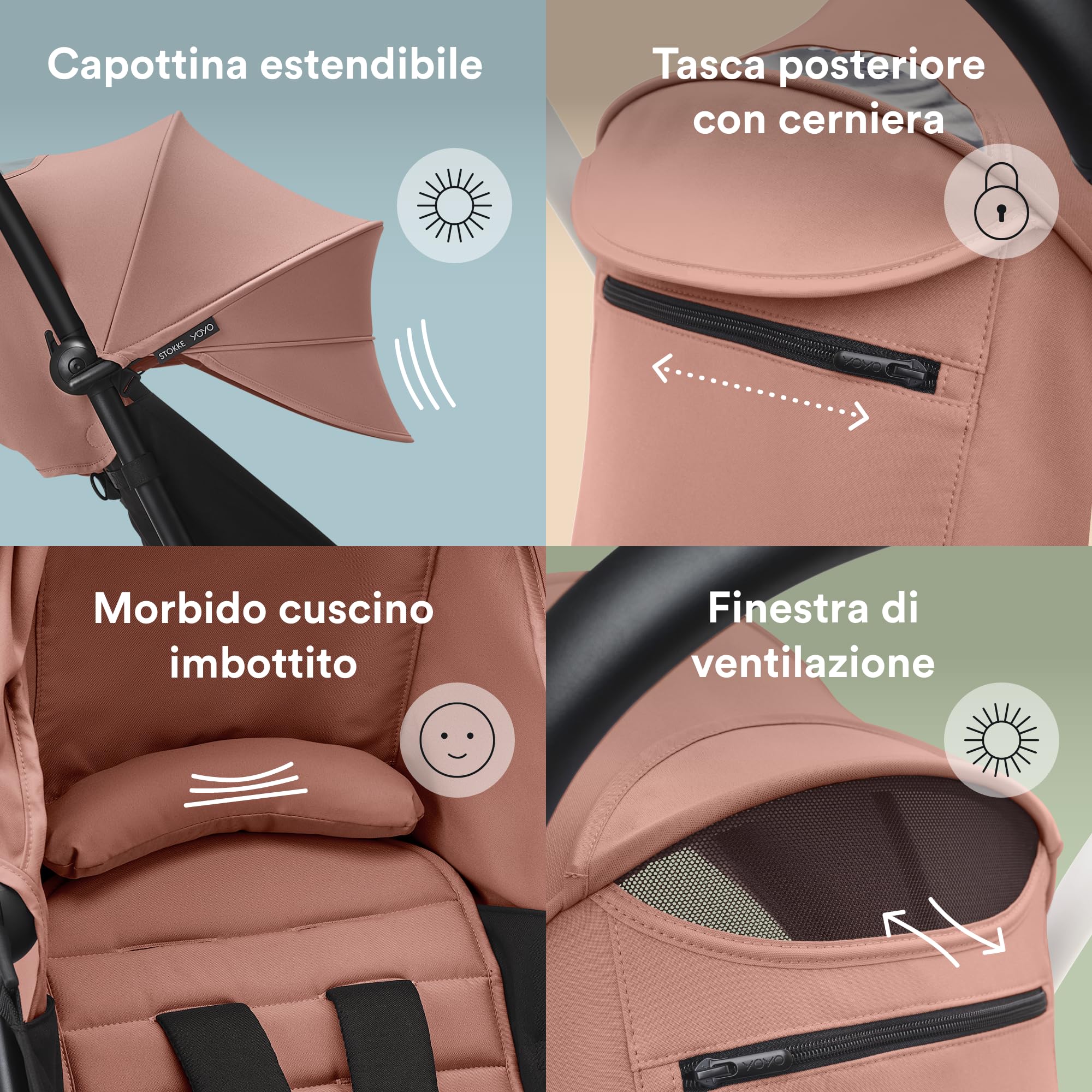Stokke YOYO 6+ Color Pack, Ginger - Solo tessuti: cuscino per seduta, capottina estendibile e tasca posteriore con cerniera - Richiede telaio YOYO (venduto separatamente)