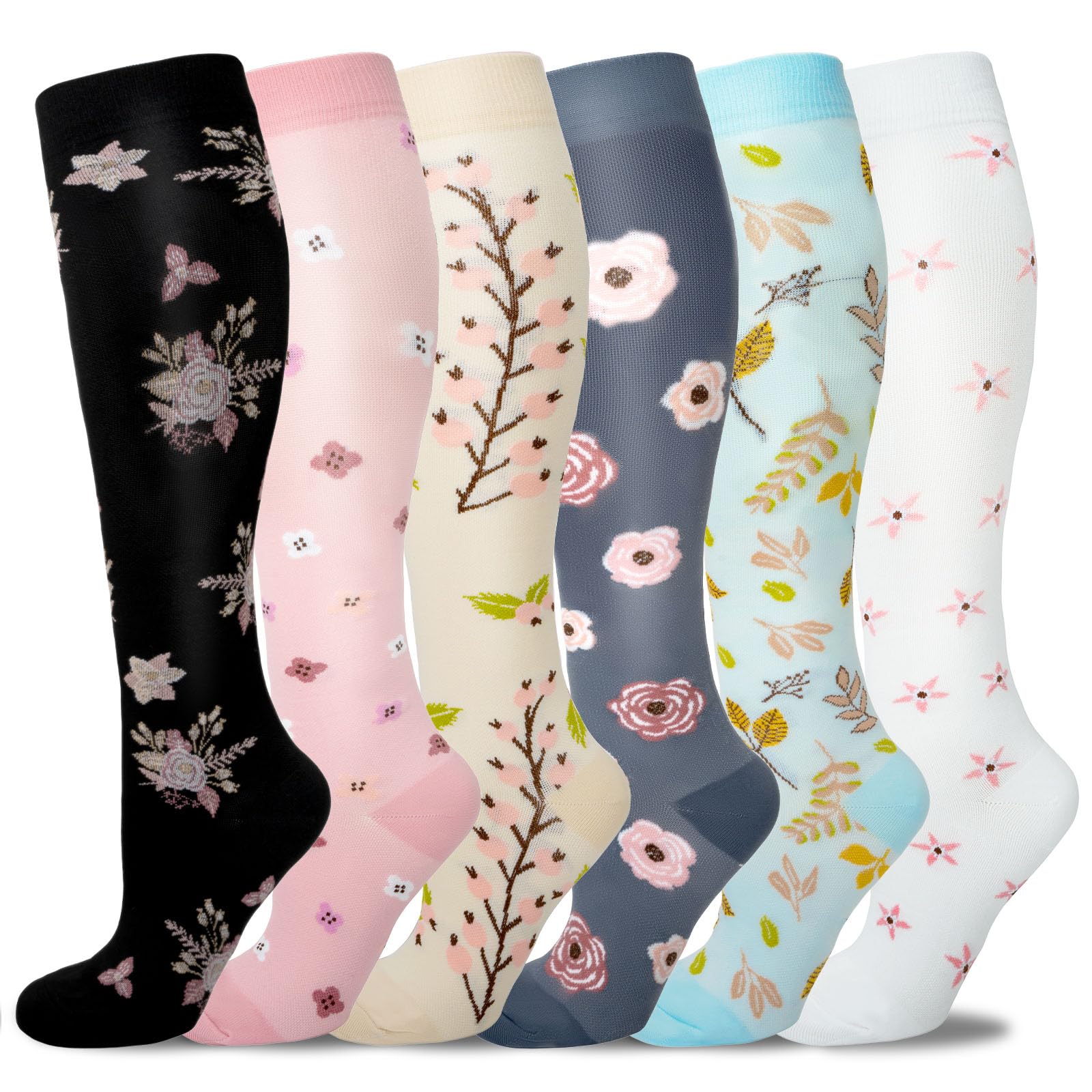 Compression Socks for Women & Men 6 Pairs 20-30 mmHg Travel Flight Socks | Knee High Compression Stocking, Breathable Fabric, Support for Running,Cycling, Nursing, Travel, Hiking, Work