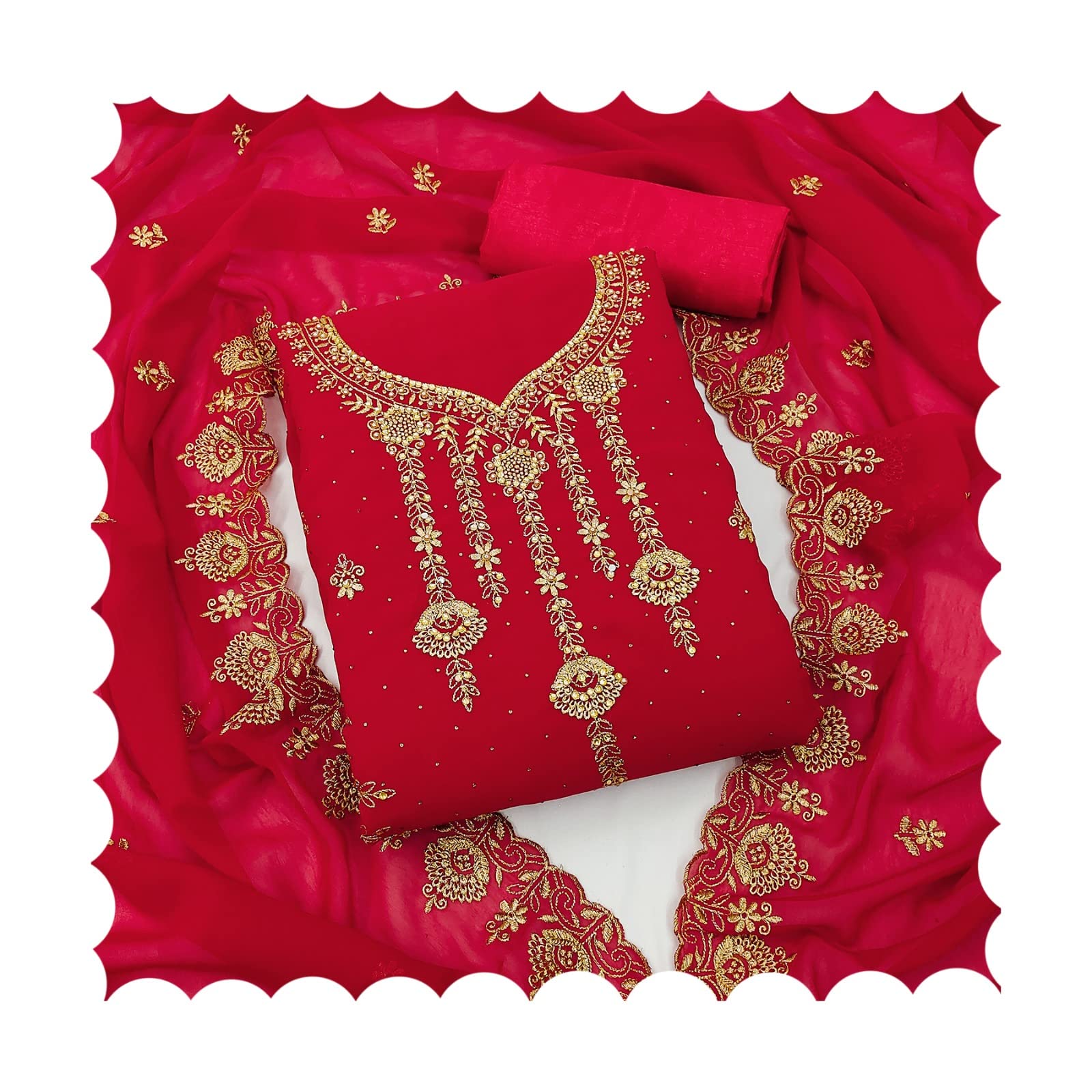 Dhingli Fashion Women's Heavy Designer Embroidered and Diamond Host Work Pure Georgette Salwar Suit Dress Material with Heavy Embroidered Dupatta (Unstitched)