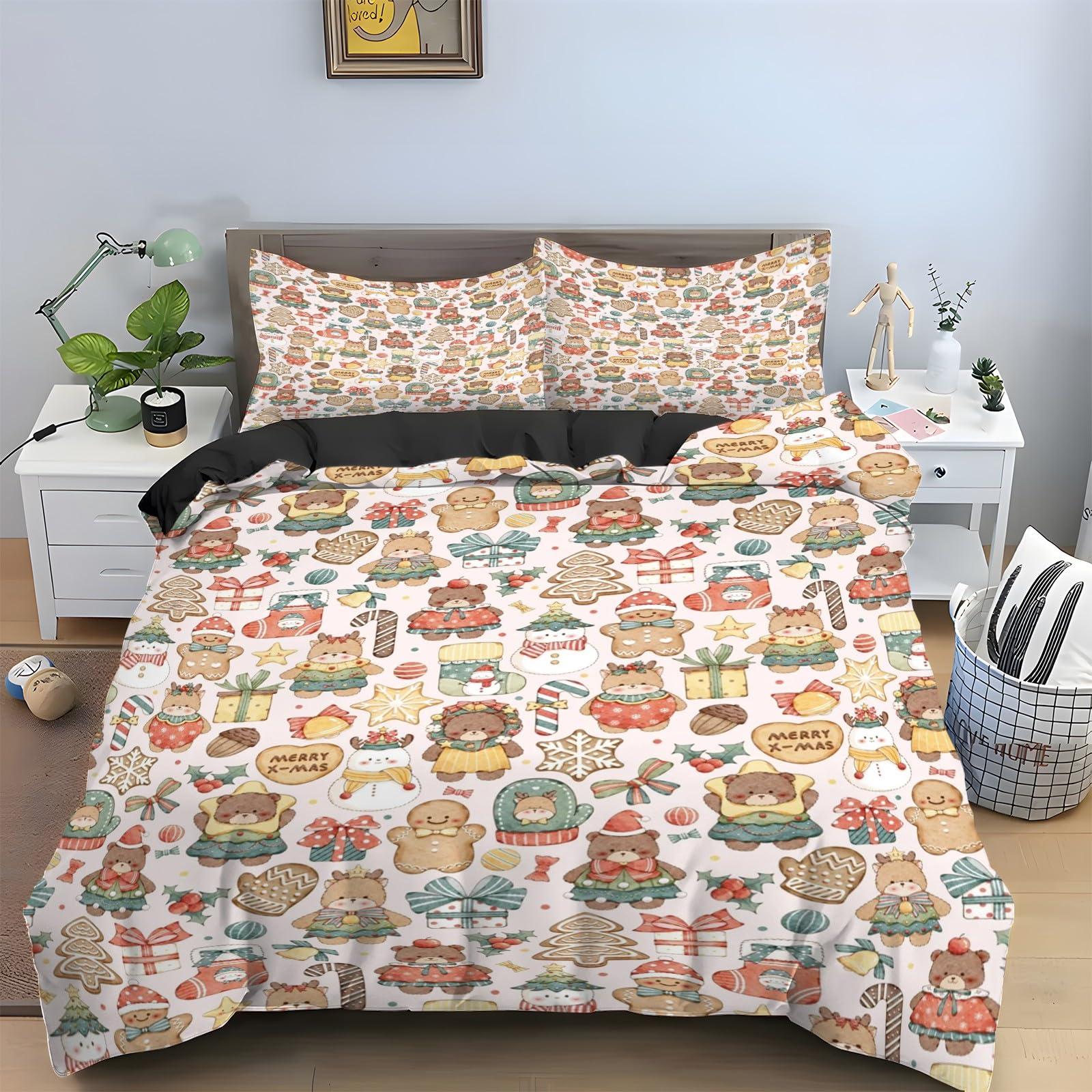 Parure de lit 90x190 jouets de Noël avec housse de couette en microfibre et 2 taies