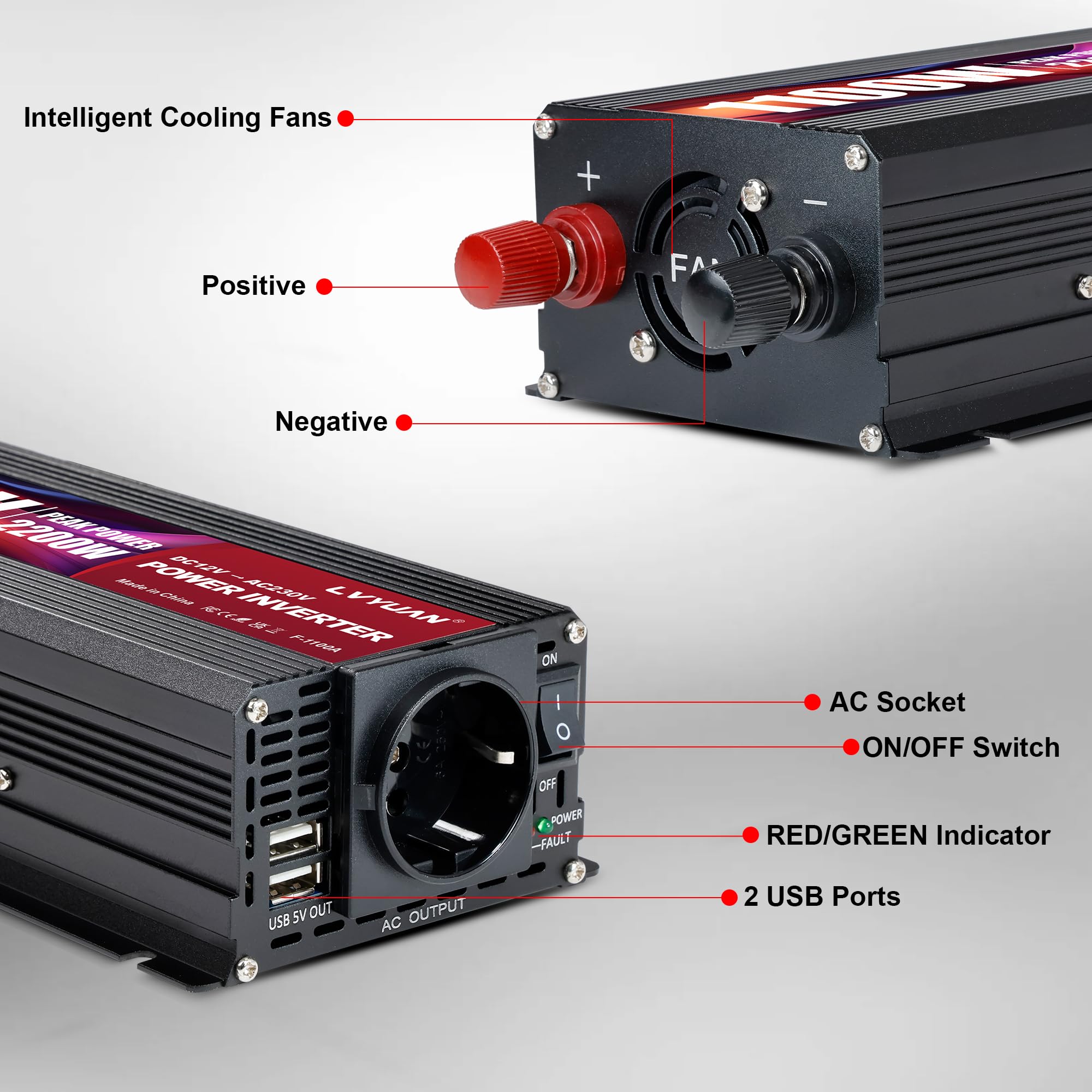 LVYUAN Przetwornik 12 V, 220 V, 1100 W/2200 W Transformator inwerterowy | Przetwornica napięcia falownika