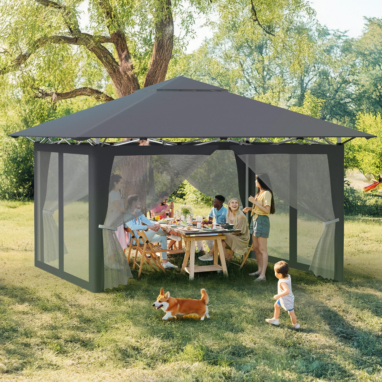 Tonnelle pliante 4 x 4 cm réglable en hauteur - Tonnelle pop-up avec 4 parties latérales anti-moustiques - Sac de transport - Piquets en métal et tissu Oxford 210D - Tente pour fête de jardin