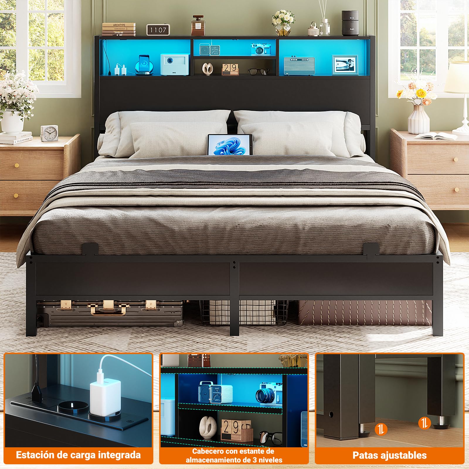 iSunirm Cabecero 140 cm con estantes de Almacenamiento, con enchufes, Puertos USB y Pype C, luz LED, Solo cabecero, Altura Ajustable, Reversible, Resistente y Estable, Negro