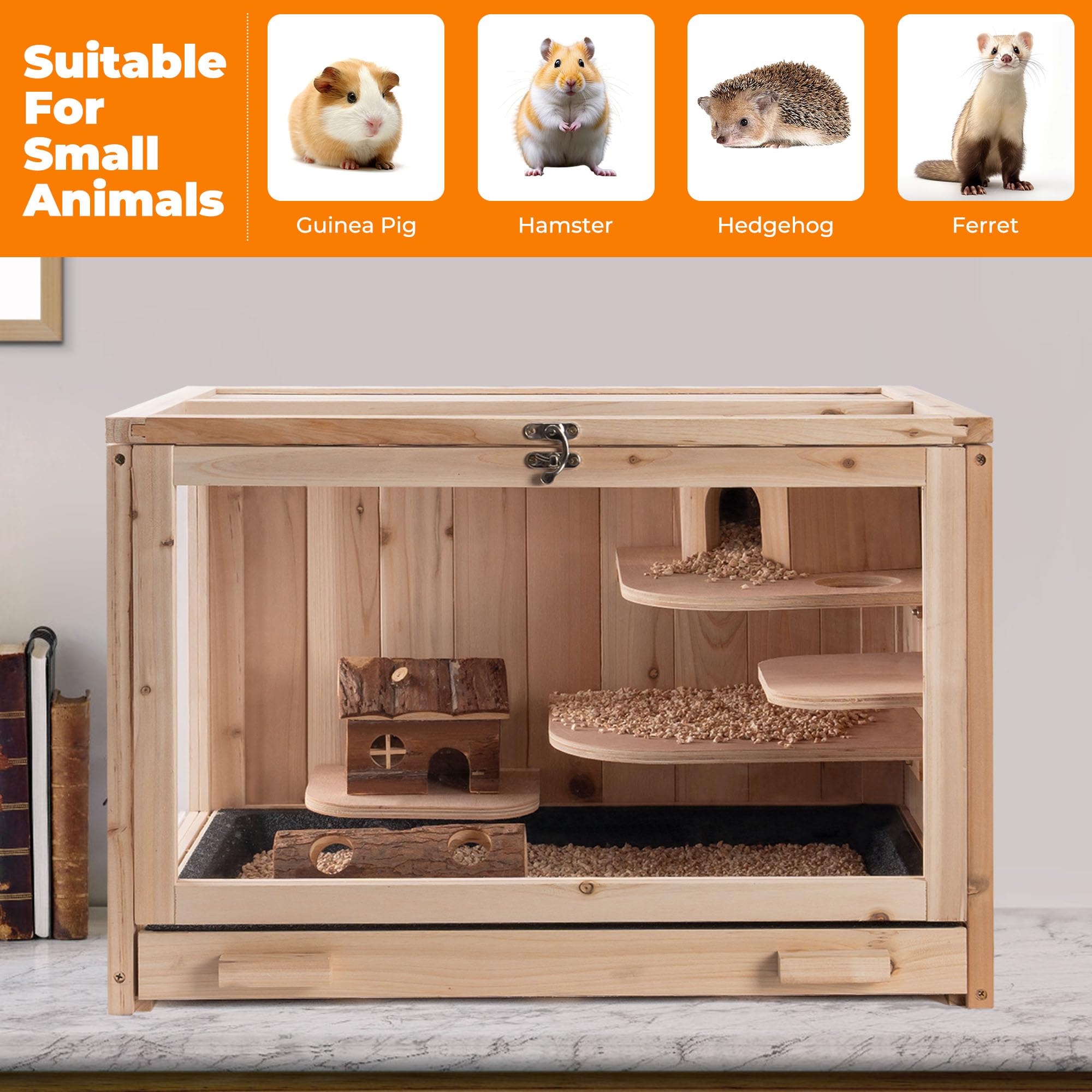 Wooden Hamster Cage, Animal Cabinet for Dwarf Syrian Hamsters Transparent Hamster Cage, Small Animal Cage, Suitable Guinea Pig,Rodents, Hamster Habitats Enclosure, Habitats with Ladder