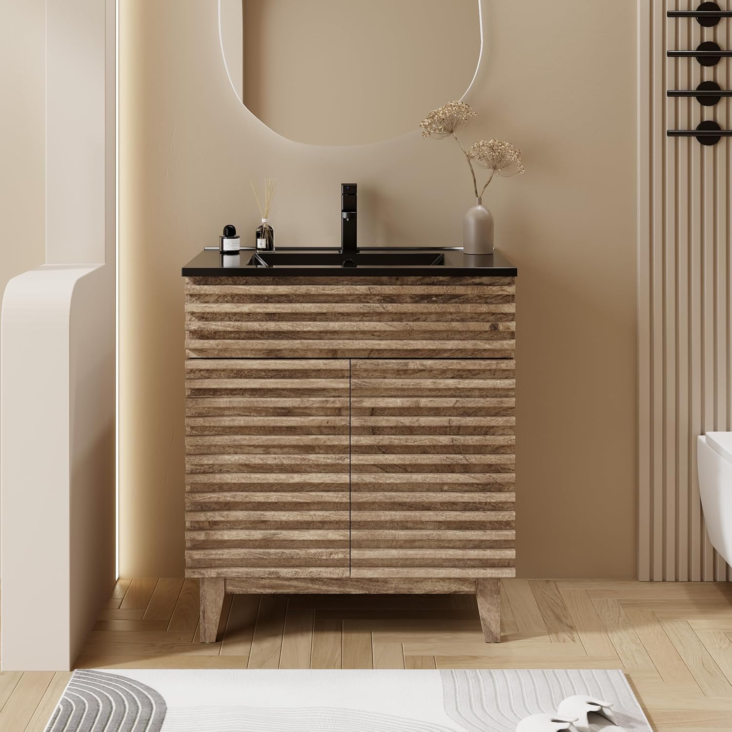 eclife 30" Bathroom Vanity with Sink Combo, Mid-Century Freestanding Storage Cabinet with 3-Tier Adjutsable Shelf, Include Undermount Black Single Sink Faucet, Drain, Light Walnut