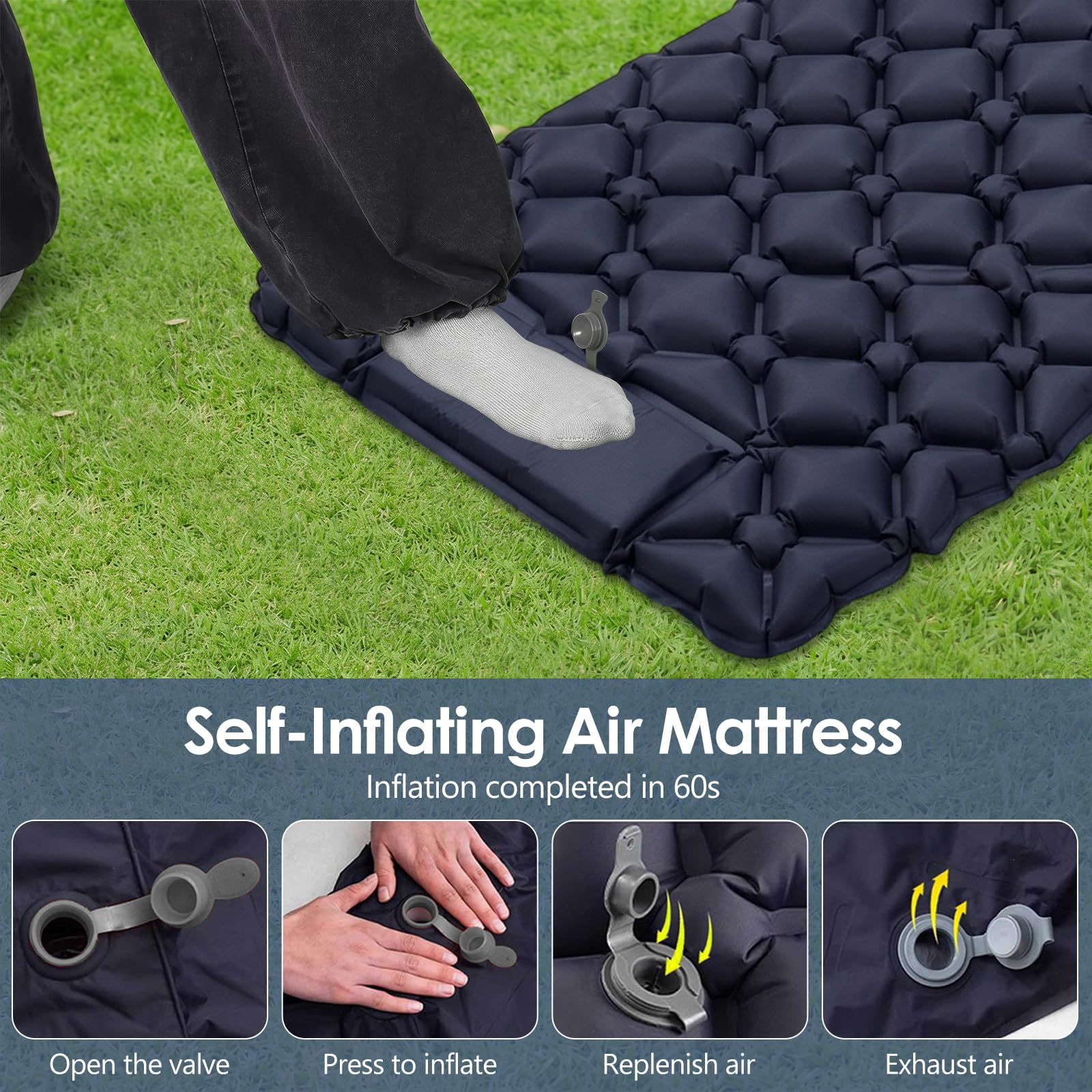 Journeyside Materassino da Campeggio Autogonfiante, Materassino Gonfiabile con Cuscino, Materasso da Campeggio in Nylon 40D, Impermeabile per Trekking Outdoor Zaino in Spalla Campeggio 190x60x5 cm