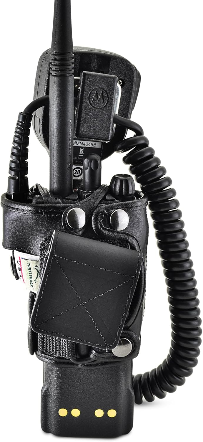 Turtleback Carry Holder for Motorola XTS2500 Models 1 2 3 Fire and Police Two Way Radio Belt Clip Holster Case, Black Leather Pouch with Heavy Duty Rotating Ratcheting 2.25" Belt Loop
